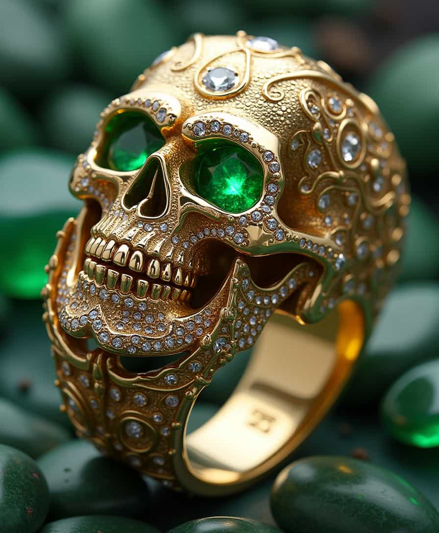 A highly detailed, luxurious illustration of a masculine ring featuring a regal skull king's head as the centerpiece, crafted from 24-karat gold and adorned with intricate details, set amidst a bed of sparkling diamonds and vibrant emeralds, with the skull's eyes and teeth accentuated with bright, high-quality diamonds, the golden metalwork showcasing subtle, ornate engravings, and the emeralds emitting a radiant, vibrant green glow, the overall design exuding opulence and sophistication, with the ring's band thick and sturdy, perfect for a confident, stylish gentleman.