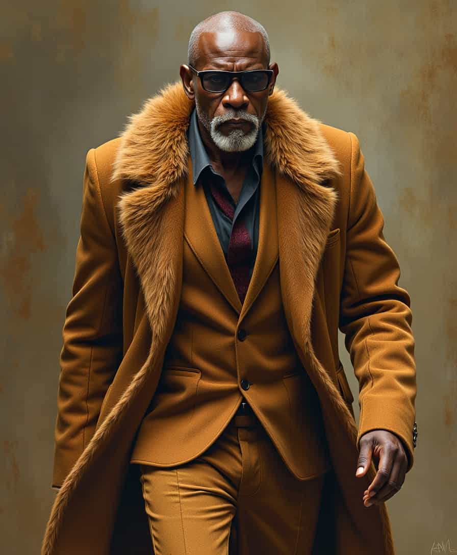 A fiercely alluring African gangster in a lion skin suit strides with swagger, exuding confidence and power. The image captures the dichotomy of his appearance - bold and dangerous yet strangely regal. This stunning portrait, possibly a hyper-realistic painting, showcases the intricate details of the custom-made suit and the intense gaze of the subject. Every strand of fur and every stitch is meticulously rendered, creating a mesmerizing and unforgettable visual experience.
