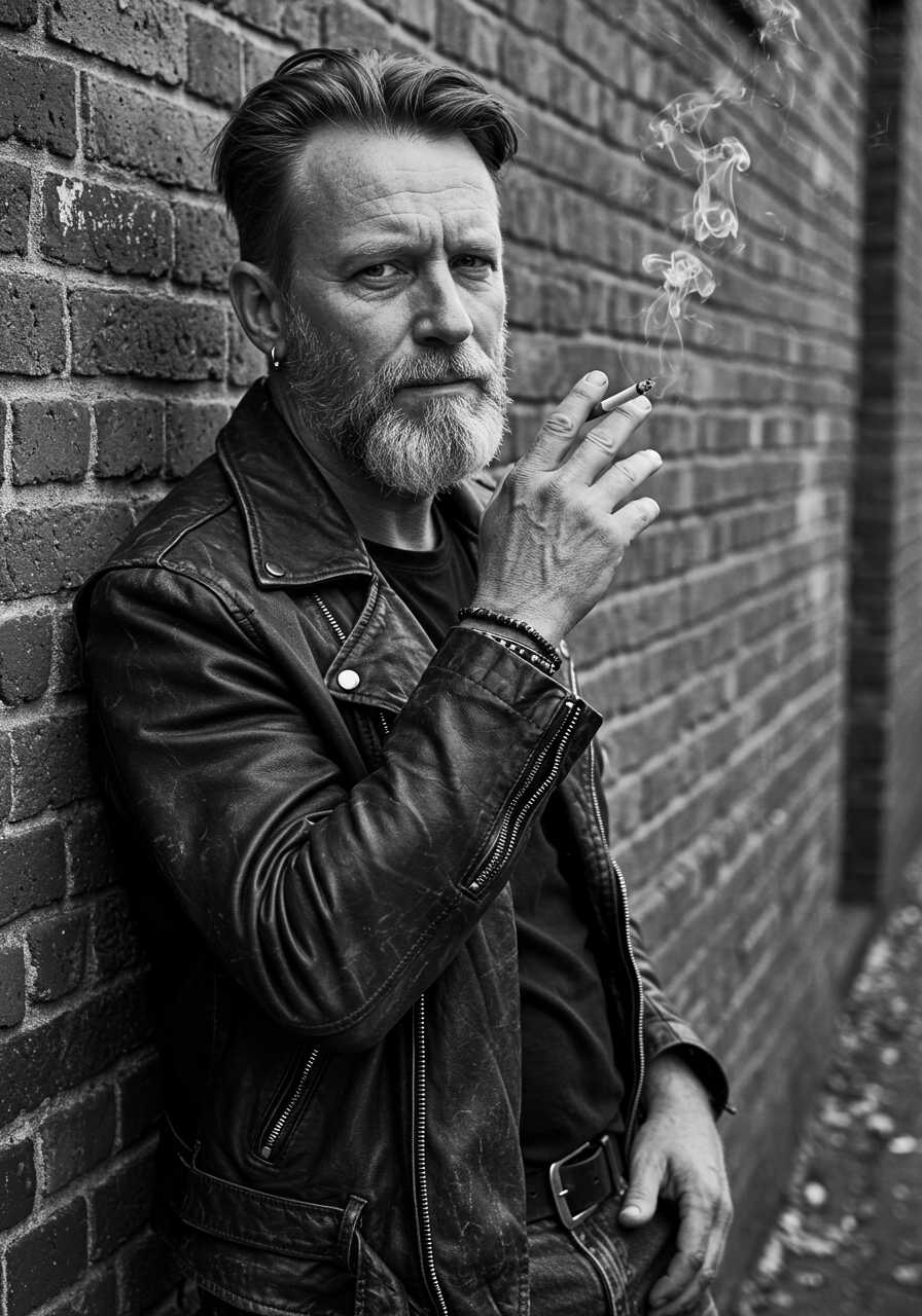 A rebellious man who smokes and doesn't care, with tattoo, the picture is black and white 