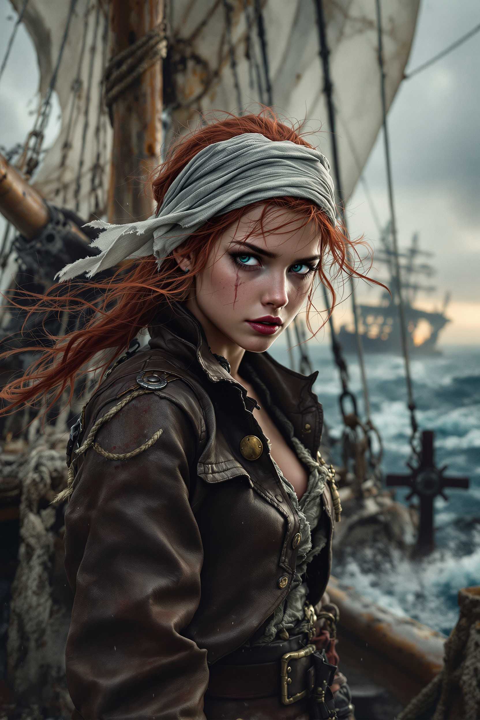 Dynamic portrait of a young pirate girl on the deck of a post-apocalyptic, dilapidated sailboat with torn ropes and a rusty rudder. The background is a stormy sea and a wreck in the distance. The heroine has windblown red hair, a cloth on her head and a gloomy, thoughtful face with an ultra-realistic skin texture. Her leather jacket shows signs of struggle and the passage of time. oil paint ultra-detailed 8k hd dark melancholy painting.