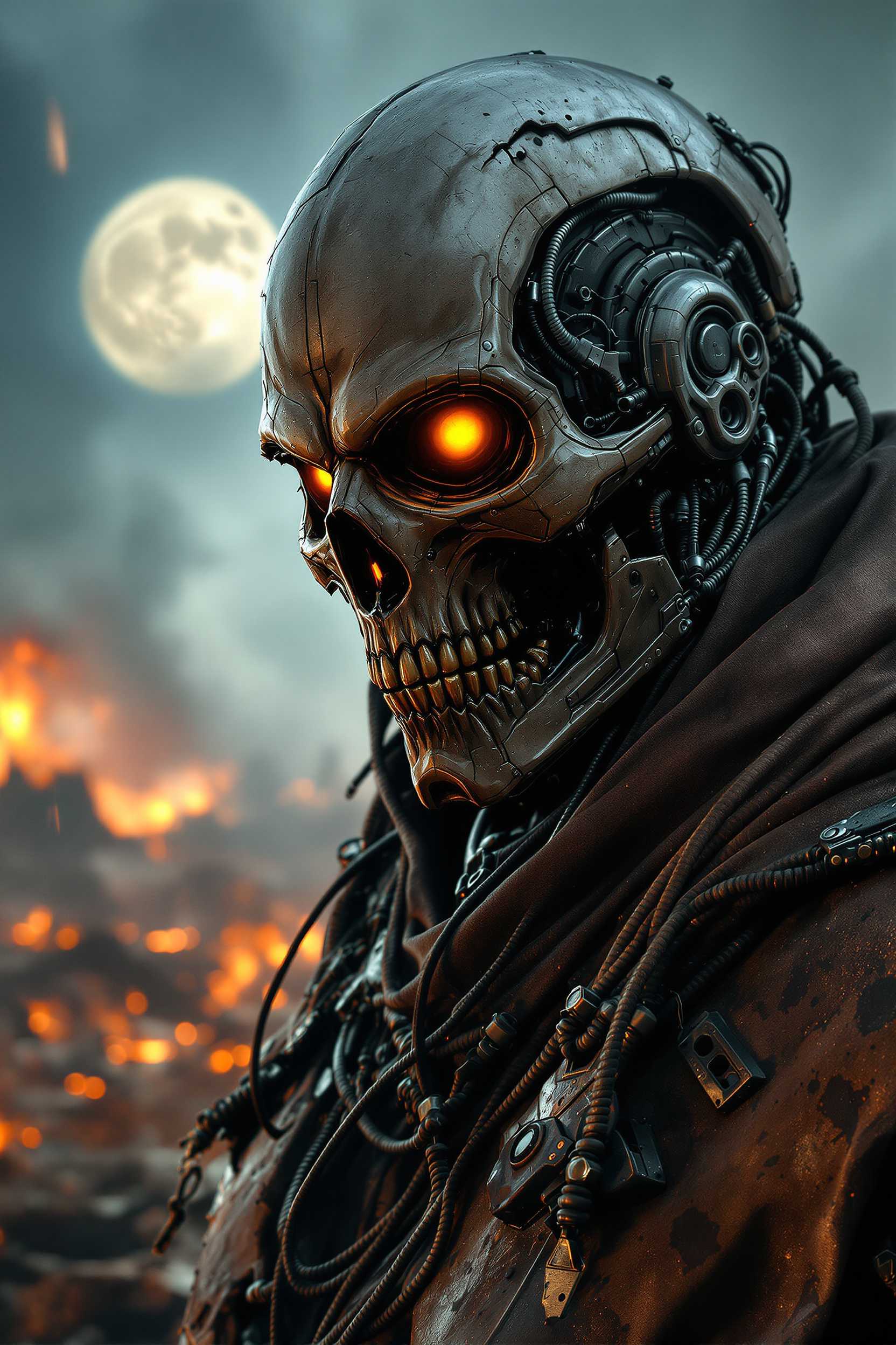 A highly detailed cybernetic skull-faced warrior with glowing orange and yellow eyes, its metallic surface scarred, weathered, and partially covered by a torn, charred cloak. The setting is a post-apocalyptic battlefield engulfed in fire, rain, and smoke, with a destroyed landscape and a full moon casting eerie light through the chaos. Mechanical wires and armor detail its worn, deadly frame.- Ultra-detailed.full hd 8k. Dark Dystopia