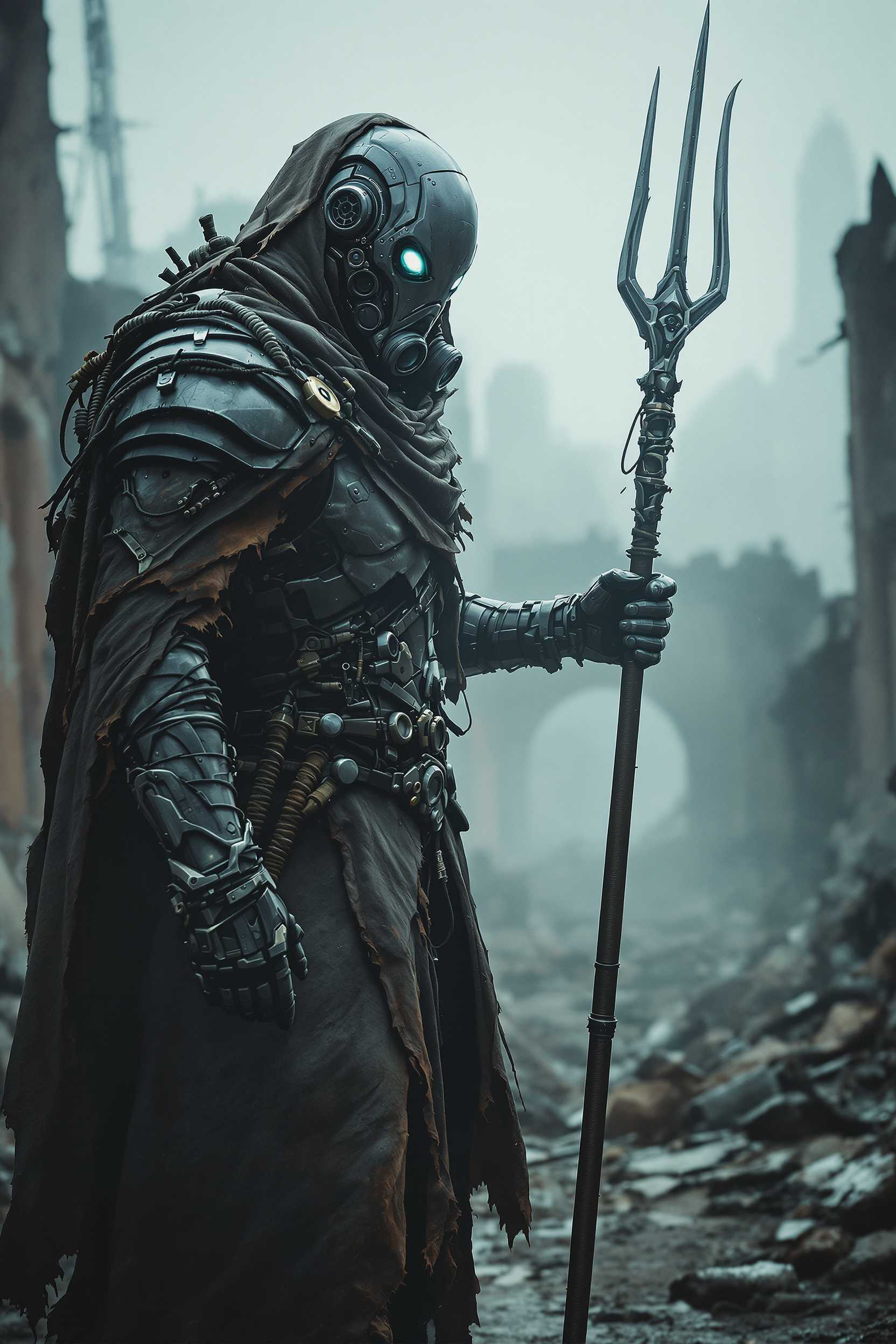 Post-apocalyptic warrior in ultra-detailed, biomechanical armor, wearing a tattered, weathered cloak. His mask is metallic with air filters and glowing eyes, holding a trident weapon. Surrounding ruins of a devastated city, with crumbling walls and foggy, desolate streets. The scene is gritty, dark, and cinematic, emphasizing metallic textures, wires, and atmospheric dust in the air.
