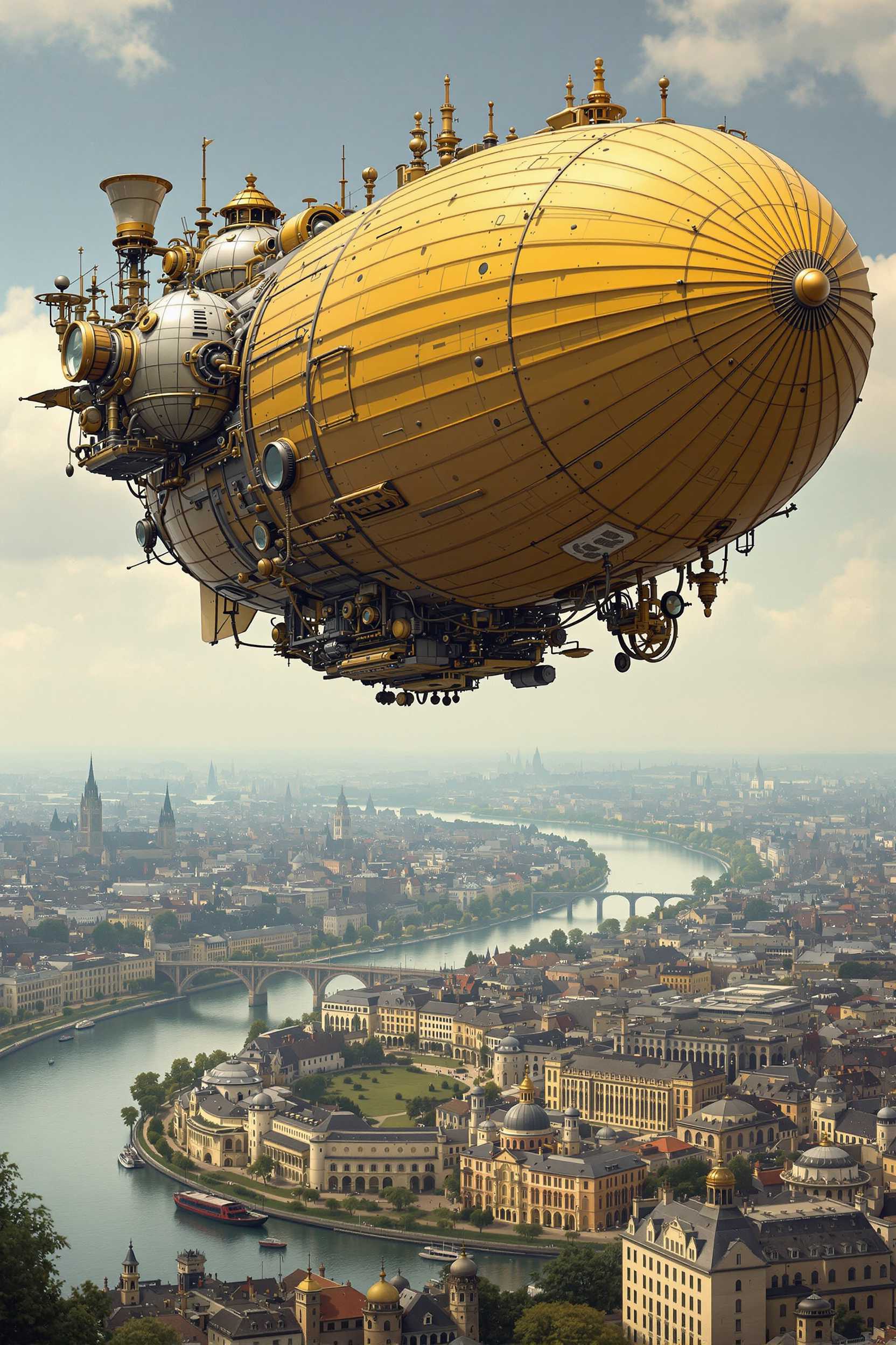 A majestic steampunk airship with minimal copper details and dominant yellow-brown rubberized, matte surfaces flies directly over a winding river, heading toward the horizon. The airship’s intricate mechanical design blends vintage elegance with muted tones, floating above a historic cityscape filled with domes, towers, and bridges. The scene exudes nostalgia and the charm of old technology.