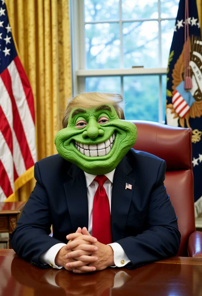 a photo of MAGA, create an image of a short green MAGA troll waiving a US flag. He is sitting in the white house oval office