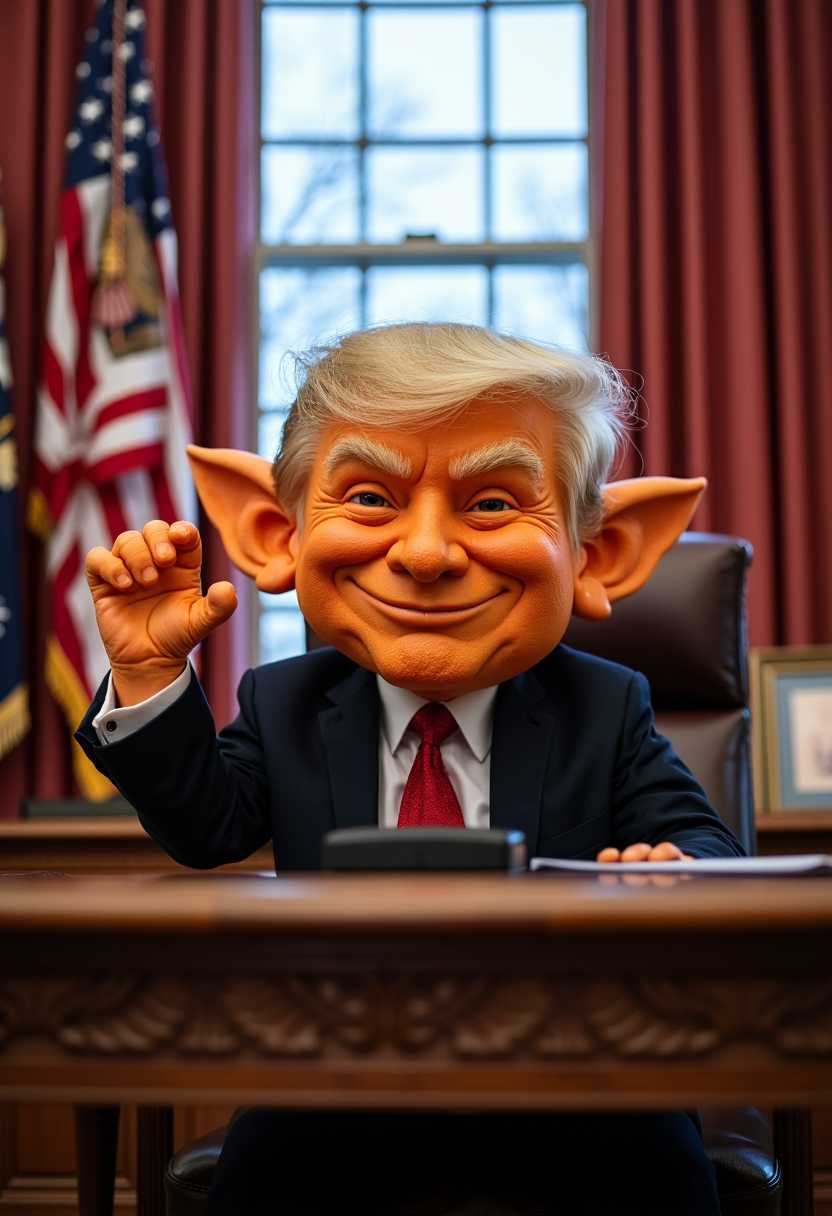 a photo of MAGA, a photo of Donald Trump create an image of a short orange MAGA troll with pointed ears, waiving a US flag. He is sitting in the white house oval office
