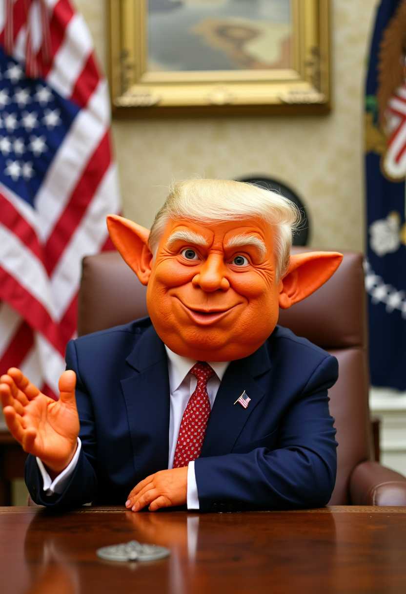 a photo of MAGA, a photo of Donald Trump, create an image of a short orange MAGA troll with pointed ears, waiving a US flag. He is sitting in the white house oval office