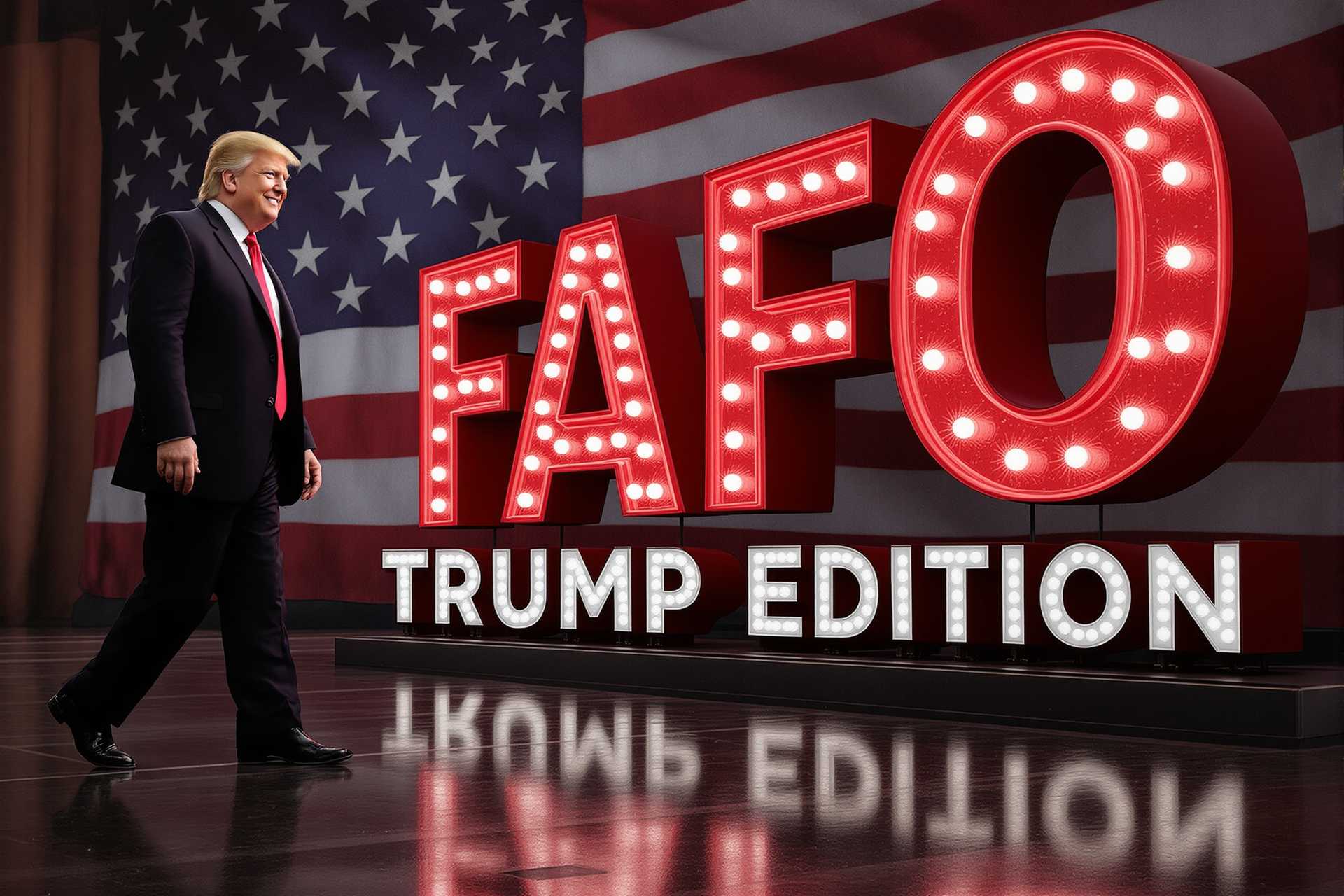 a photo of large Donald Trump facing camera, walking towards viewer, smiling, standing tall left of the sign, black shoes with his hand stretched out.  text is 3d made with letters that looking like red marble 1950's lighting, that reads "FAFO Trump Edition" with a reflection on the wet floor. background a massive US flag