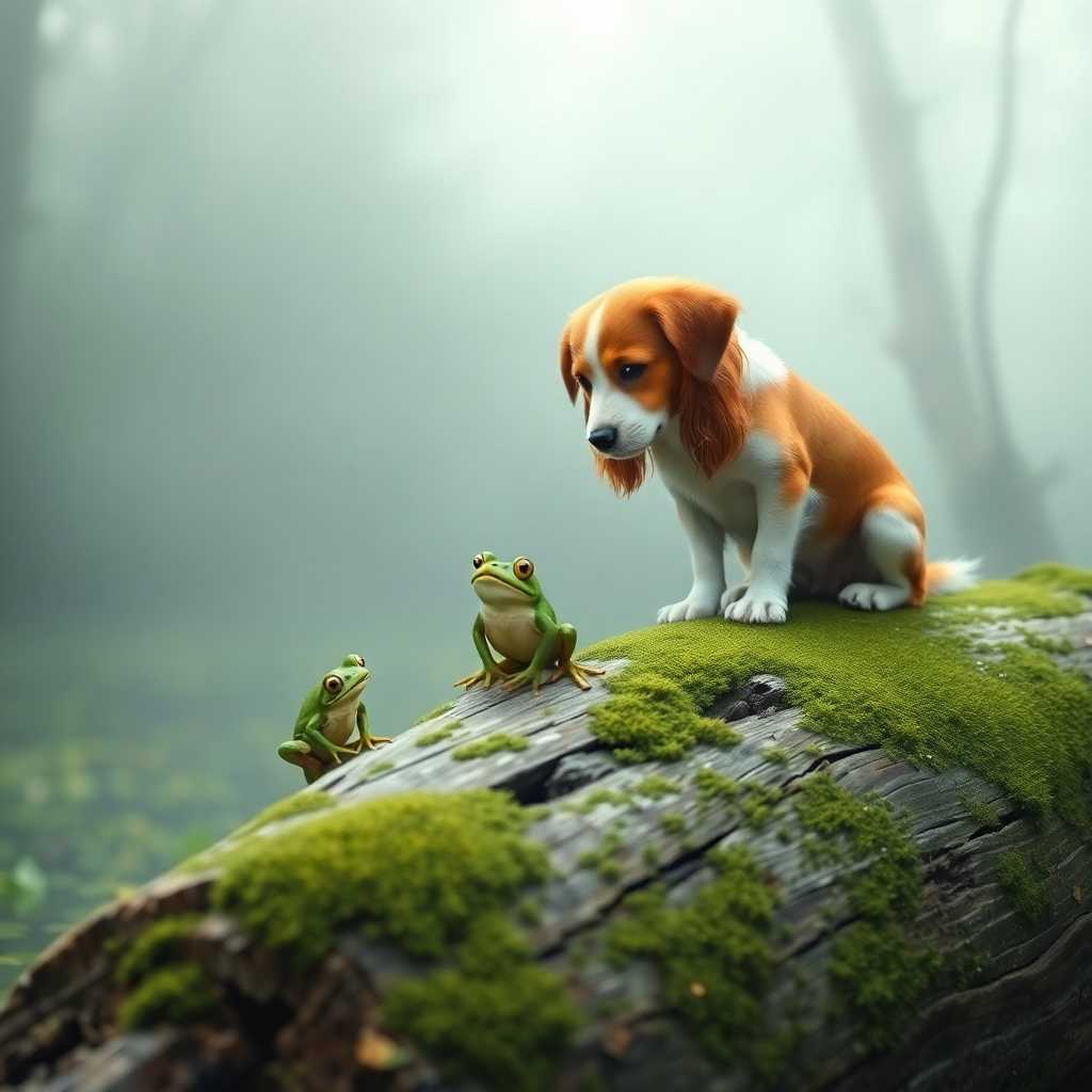 In a serene, early morning mist, a **charming scene** unfolds in a lush, emerald green bog. Here, an **adorable dog**, characterized by its silky fur with hints of chestnut and white, sits atop a **weathered, moss-covered log**. Its pose exudes curiosity as it peers down at a **cheeky, green frog** with bright, reflective eyes, sitting on the same log, just a few inches away. The log itself is detailed with **bark textures** and **lichen patches**, showcasing nature's slow artistry.

**Artistic Style:** This image should capture the whimsy and detail of **Storybook Illustration**, with a touch of realism, reminiscent of Beatrix Potter's enchanting animal illustrations.

**Composition:** 
- **Camera Angle:** A low angle shot, focusing on the dog and frog from slightly below eye level to emphasize their bond and the log's grandeur.
- **Subject Positioning:** The dog is centered, looking down, with its paws delicately placed on the log. The frog, smaller in scale, is positioned in the foreground, creating depth.
- **Framing:** The frame includes the surrounding bog with soft, out-of-focus reeds and water lilies, framing the log and its occupants in a natural vignette.

**Mood and Atmosphere:**
- **Time of Day:** Early morning, with soft, golden light filtering through the mist, casting gentle shadows and highlights.
- **Weather:** A light fog hovers over the bog, adding an ethereal quality to the scene, enhancing the tranquil, almost magical atmosphere.
- **Emotion:** The scene evokes a sense of friendship, curiosity, and the quiet beauty of nature.

**Technical Aspects:**
- **Depth of Field:** A shallow depth of field to blur the background, focusing on the interaction between the dog and frog.
- **Lighting:** Use of natural light to highlight the textures of the log, the fur of the dog, and the shiny skin of the frog, creating a play of light and shadow.

**Cohesion:** All elements are harmoniously integrated to create a storybook-like scene, where nature's creatures share a moment of silent communication in their tranquil environment.