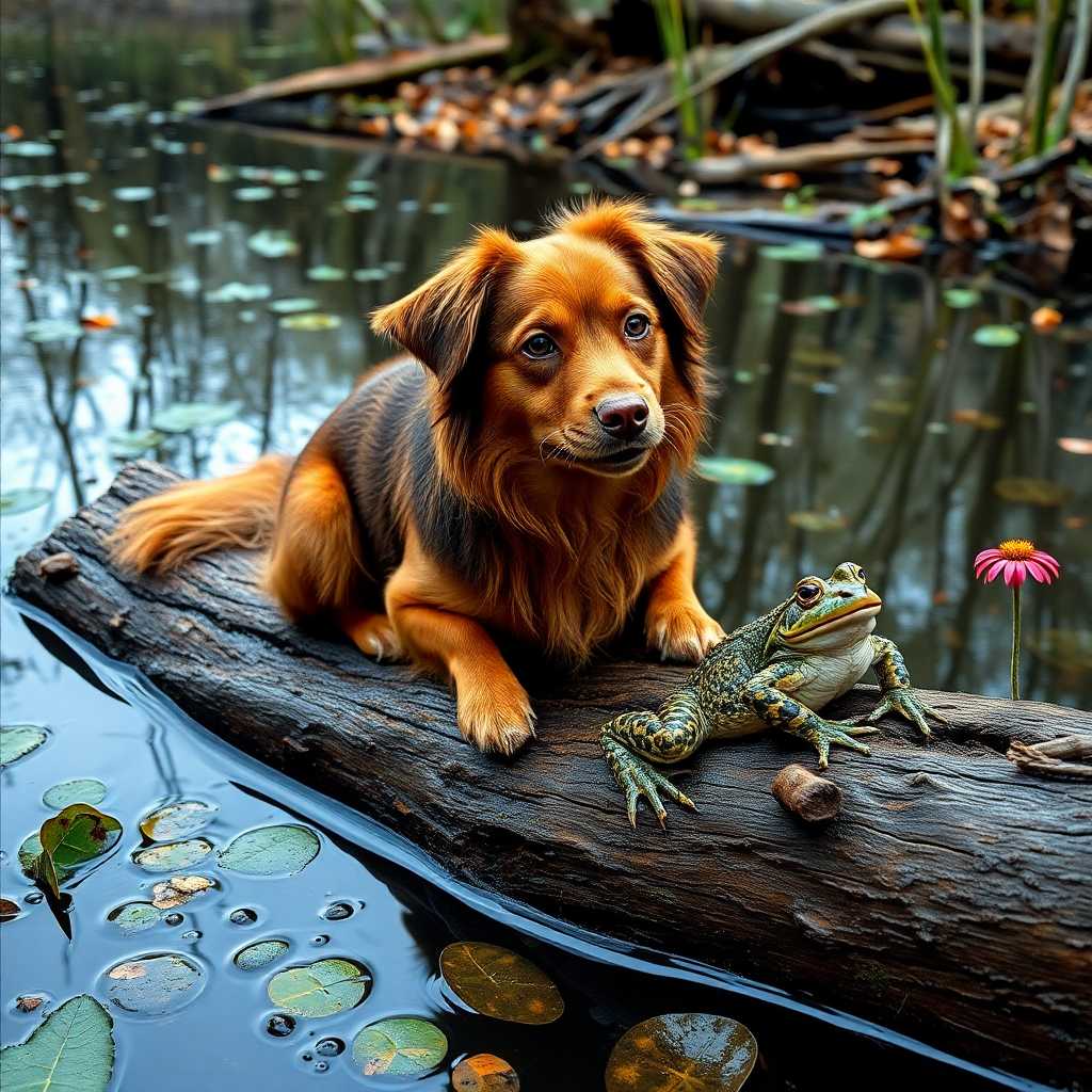 a dog in a bog on a log with a frog