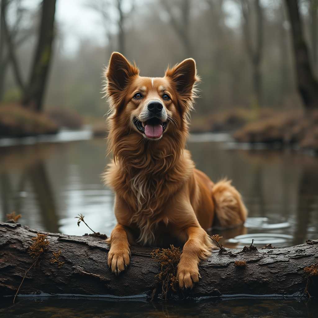 a dog in a bog on a log