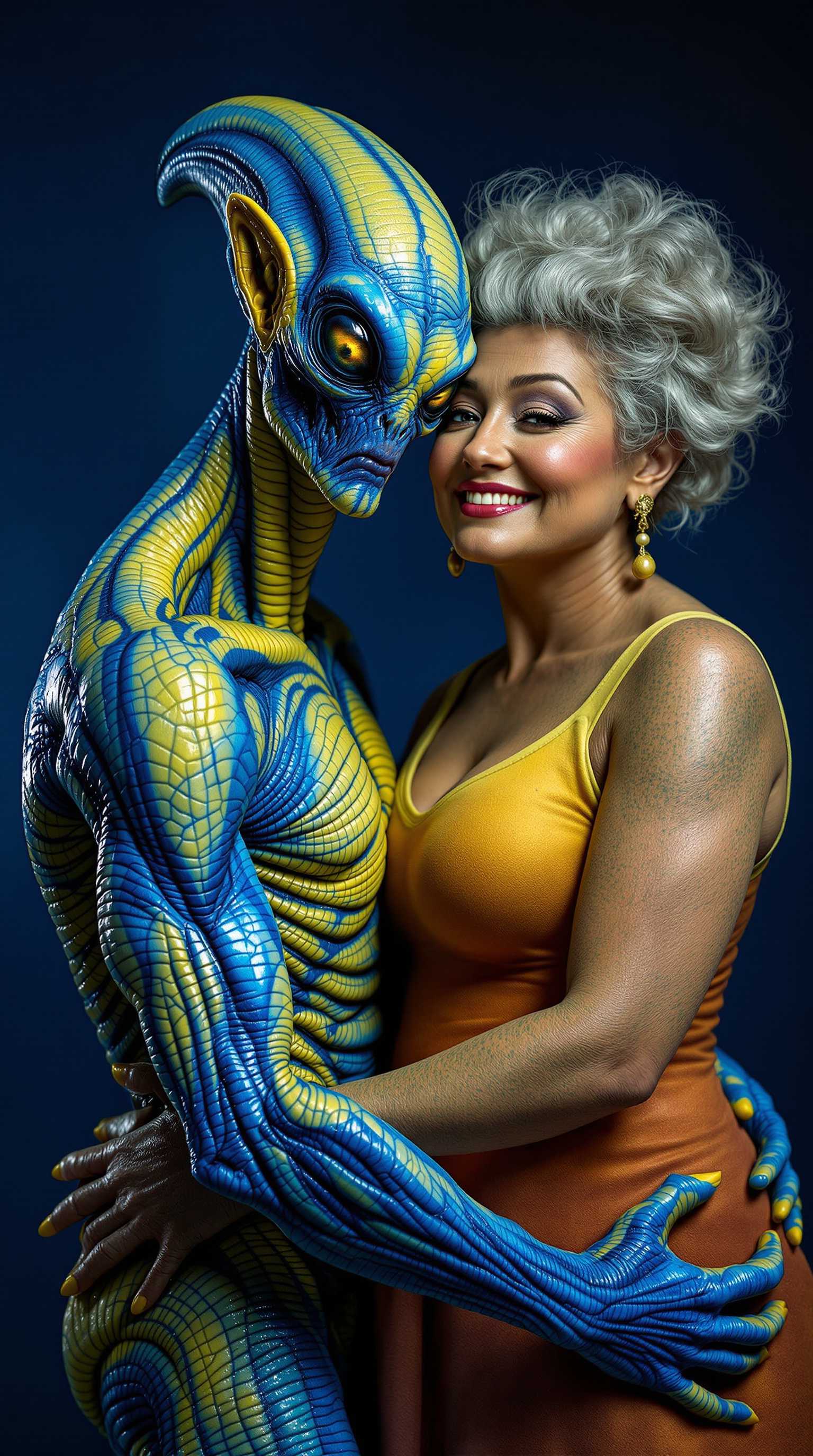 full length, an alien with shiny scaly skin, rippled muscles, blue and yellow hues,  vibrant glassy eyes, hugged to a plus-size jolly mature lady. a deep cobalt blue background. Small depth of field, hyperrealistic, glamour glow, beautiful light.