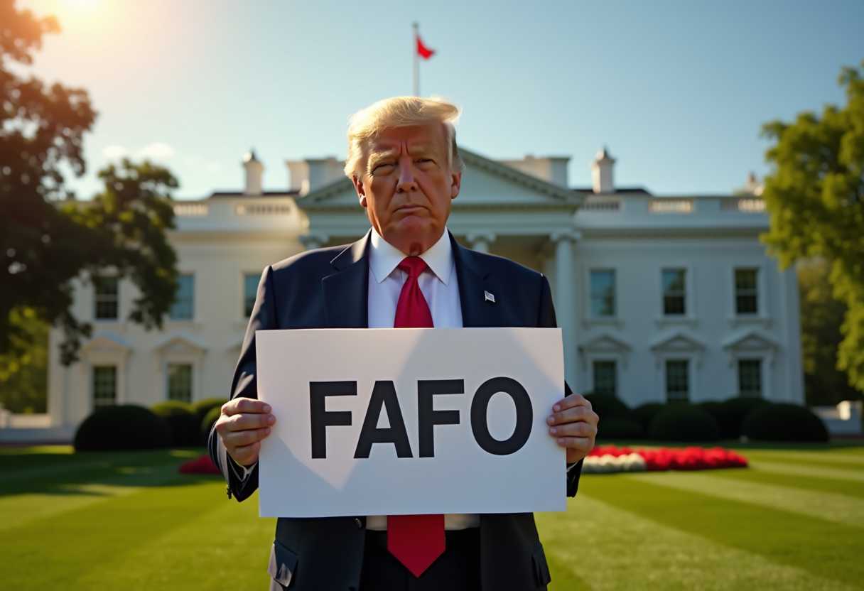 Create an image of Donald Trump standing in front of the White House looking at the viewer, hooling a sign that reads "FAFO" hot sunny day. 
