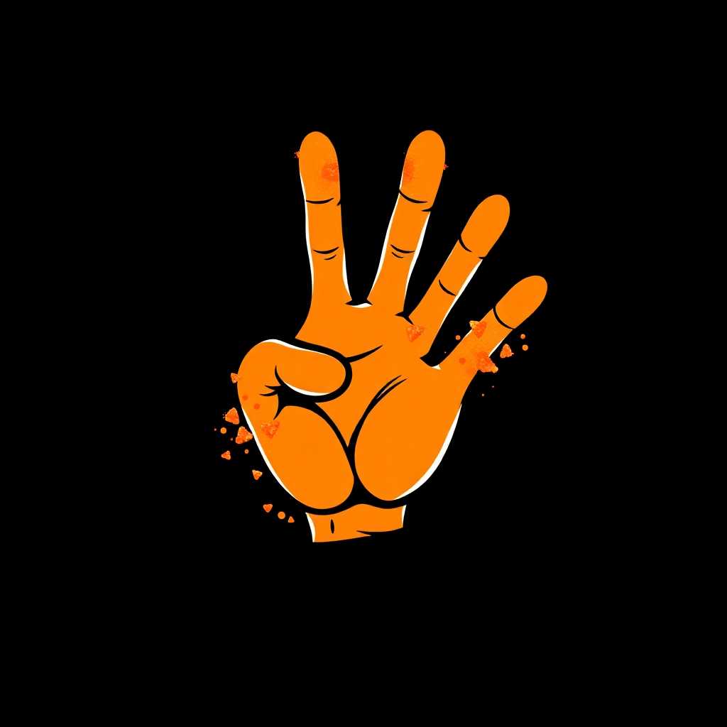 **Image Prompt:**

A bold and vibrant logo titled **"Cheeto Fingers"** designed for gaming content. The central element is a **cartoonish hand** with fingers **dusted in vivid, bright orange Cheeto powder**, capturing the essence of snack-fueled gaming sessions. The hand should be:

- **Rendered in a playful, exaggerated style** reminiscent of classic cartoon art, with **thick black outlines** for emphasis.
- **Set against a sleek, high-contrast black background** to make the orange color pop, enhancing the visual impact and making the logo instantly recognizable.

**Visual Details:**
- The Cheeto dust should appear **textured and slightly gritty**, showcasing the powder's real-life appearance on the fingers.
- Use **high-saturation colors** to ensure the orange stands out against the black background, creating a striking visual effect.

**Style:**
- Incorporate elements of **pop art**, with **bold lines and bright colors** to convey a fun, energetic vibe.
- The logo should have a **vector art feel**, with **clean, sharp edges** to ensure clarity even when scaled down.

**Composition:**
- The hand should be **centered** on the black canvas, with **fingers slightly curled** as if reaching for another Cheeto.
- Use **negative space effectively** around the hand to ensure it stands out without any clutter.

**Mood and Atmosphere:**
- The overall mood should be **playful and light-hearted**, capturing the joy of gaming and snacking.
- The atmosphere should feel **energetic and slightly chaotic**, mirroring the excitement of gaming sessions.

**Technical Aspects:**
- **High contrast** between the orange and black to ensure legibility and visual punch.
- **Flat color application** to maintain the logo's simplicity and recognizability across different platforms.

**Cohesion:**
- The design should be cohesive, where the bright orange Cheeto fingers against the black background symbolize the brand's fun, snack-centric gaming identity, making it instantly memorable and distinctive in the gaming community.