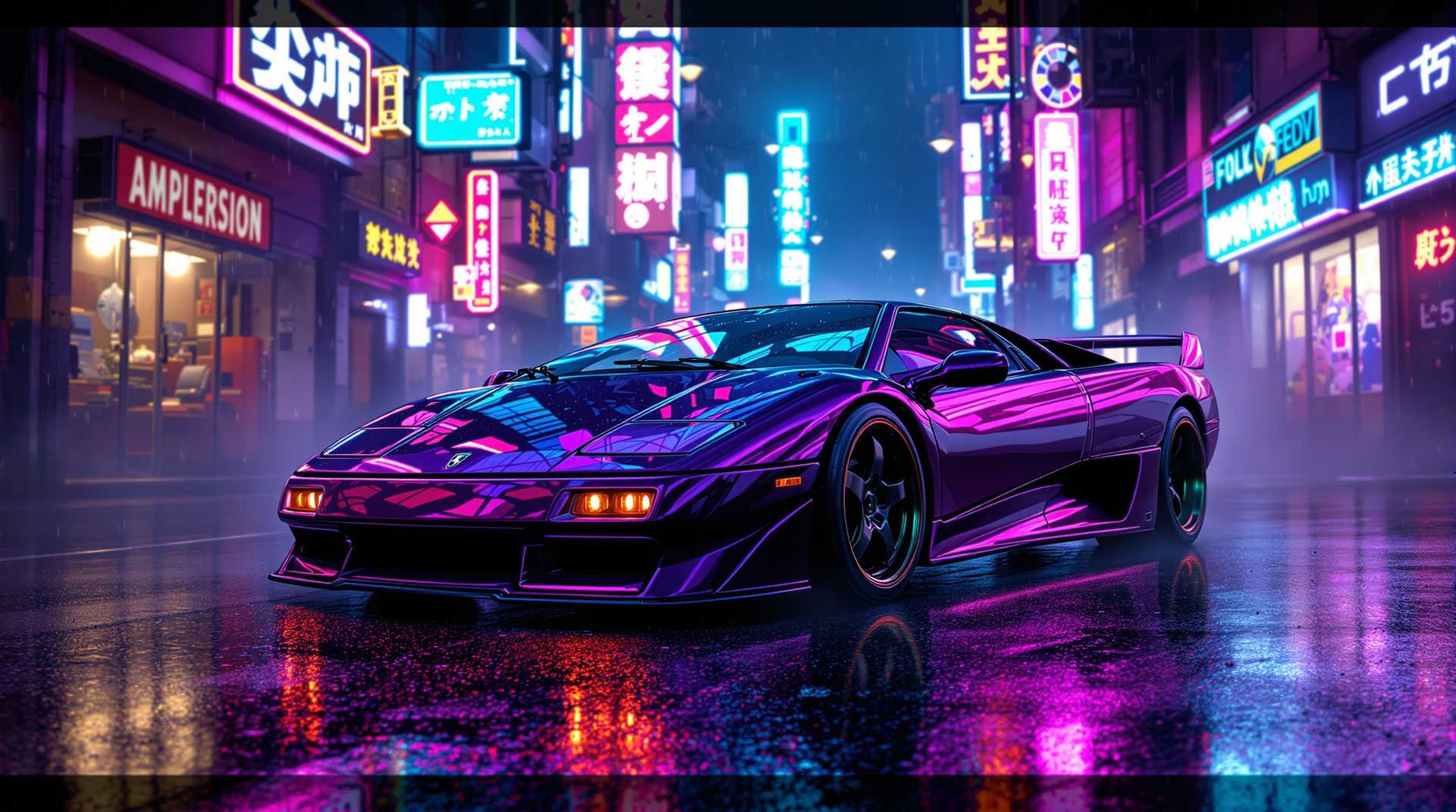 A hyper-realistic 8K render of a **Lamborghini Diablo VT Roadster** in **dark purple**, parked in a **neon-lit alley in futuristic Japan**. The **wet asphalt** reflects the vibrant glow of **LED and neon lights**, casting an interplay of **teal, purple, and pink hues** on the car's sleek, low-slung body. The atmosphere is filled with **soft mist rising from the ground**, distant **holographic billboards flickering** above, and the glow of **cyberpunk-inspired kanji signage** illuminating the alleyway. The **iconic scissor doors** remain closed, with the polished bodywork mirroring the urban glow, while **small raindrops bead on the hood**. The perspective is **cinematic**, capturing the **power and mystique** of this legendary supercar in a **high-tech, neon-soaked metropolis**:

- **Visual Details**: Emphasize the **glossy paint finish** of the Diablo, highlighting the **reflections** of the neon lights on its curves. Include **subtle reflections** of the surrounding environment in the **wet ground** and **car body**. The **LED lights** should appear to **pulse** with a **dynamic, living quality**.

- **Artistic Style**: Blend **photorealism** with elements of **cyberpunk aesthetics** to create a **hyper-detailed, futuristic scene**. Utilize **high dynamic range (HDR) lighting** to enhance the contrast between the **dark alley** and the **neon illumination**.

- **Composition**: Position the **Lamborghini** at a **slight angle**, showcasing its **longitudinal profile** while ensuring the **neon signs** frame the scene, guiding the viewer's eye towards the car. Use a **low camera angle** to accentuate the car's **ground-hugging stance**.

- **Mood and Atmosphere**: Convey a **mysterious, almost otherworldly** feeling through the **foggy mist** and **neon glow**. The **rain** adds to the **slick, wet environment**, contributing to the **sense of a living, breathing city**.

- **Technical Aspects**: Employ **depth of field** to blur the background slightly, focusing on the **Lamborghini**. Use **ray tracing** for accurate light reflections and **global illumination** to simulate how light interacts with the scene. 

- **Cohesion**: Ensure that the **futuristic elements**, like **holographic displays** and **cyberpunk signage**, blend seamlessly with