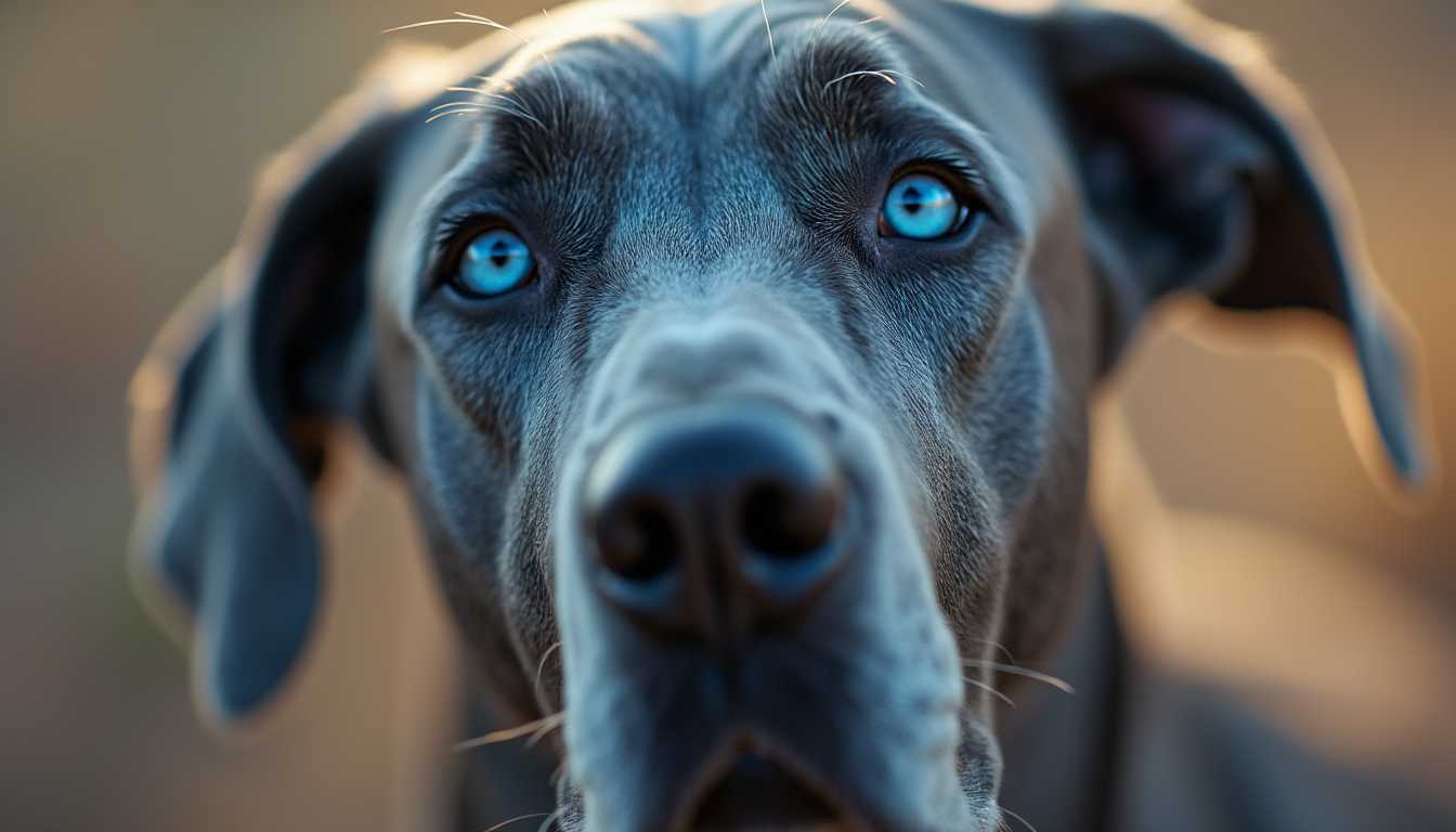 An ultra-realistic macro photograph of a silver Great Dane with piercing bright blue eyes, where the focus is razor-sharp on the eyes, creating an almost tangible depth and clarity, while the face fades into a soft, out-of-focus background, highlighting the eyes as the focal point:

- **Visual Details:** Meticulously render the dog's fur, showcasing the texture and sheen of each strand of hair. The fur should catch the golden hour light, creating highlights that enhance the realism. The blue eyes should be vibrant, with visible flecks and patterns reflecting the light, adding to their lifelike quality. Warm, soft shadows should accentuate the dog's gentle expression, conveying kindness and depth.

- **Style:** Emulate the depth and detail of 8k resolution

- **Composition:** Position the dachshund in a three-quarter view, slightly tilted upwards towards the camera, creating an intimate connection with the viewer. Frame the shot tightly from the nose to just behind the ears, ensuring the focus remains on the face and eyes, with the rest of the dog's body subtly suggested in the periphery.

- **Mood and Atmosphere:** The atmosphere should be serene, with a gentle, almost ethereal glow surrounding the dog, conveying a sense of peace and warmth. The time of day should evoke a quiet, reflective moment, possibly early morning or late evening, where the light is soft and forgiving, enhancing the dog's gentle demeanor.

- **Technical Aspects:** Utilize a shallow depth of field to blur the background entirely, keeping the focus strictly on the dog's face. Employ backlighting to create a halo effect around the fur, and use a macro lens to capture the intricate details of the eyes, ensuring they sparkle with life.

- **Cohesion:** All elements should work together to create a portrait that not only showcases the physical beauty of the dachshund but also conveys its personality through its expressive eyes, framed in a way that feels both intimate and expansive, inviting the viewer into the dog's world.