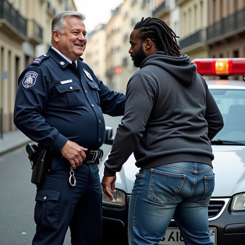 **Visual Details:** An interracial, intergenerational duet of men in a provocative street scene. A **middle-aged, stocky, curvy white French police officer** with **pale skin** and **stern features**, wearing a **crisp, dark blue uniform** with **shining silver handcuffs** gleaming against his **white shirt collar**. His uniform appears **starched and stiff**, with **polished buttons** reflecting light. His **piercing eyes** look directly at the camera with a **big, perverted smile**. Alongside him, a **youthful, extremely curvy, voluptuous ebony-skinned Congolese man** with **dreadlocks**, dressed in **extremely molded and tight muted urban streetwear**: a **hoodie**, **sneakers**, and **ripped, vulgar jeans**. His clothing shows **signs of wear and tear**, emphasizing the **urban environment**. His expression conveys **sexual provocation with mouth wide open**, his **piercing eyes** capturing **intensity** and **emotion**. His back is turned, focusing on his **huge, round, fat ass** as he bends over immodestly, extremely vulgarly on the **hood of the police car** with a **very immodest big arch**, his face turned and looking over his shoulder. The white cop's hand is firmly grasping one of the black man's glutes, creating a **vulgar power dynamic**.

**Style:** The image captures **gritty realism** with a **documentary aesthetic**, reflecting the **rawness and immediacy** of the scene. **Street photography** techniques are employed, with **harsh shadows** and **high contrast** to emphasize the **tension** and **vulgarity**. The **decisive moment** is captured where the interaction between the two men is at its peak.

**Composition:** The officer stands slightly above, bending over with **his hands perfectly weighted and grabbing** the **big, voluptuous ass** of the youthful black man. The **camera angle** emphasizes this vulgar interaction. **Tight framing** focuses on the interaction, with the **handcuffs as the central point of interest**, drawing the viewer's eye. The **rule of thirds** is applied, placing the subjects at intersecting lines for balance and interest. The police officer is behind the back side of the very curvy, thick, handsome youthful black man who turns his face to look over his shoulder as the police cop leers at his **Big black ass**. A **full