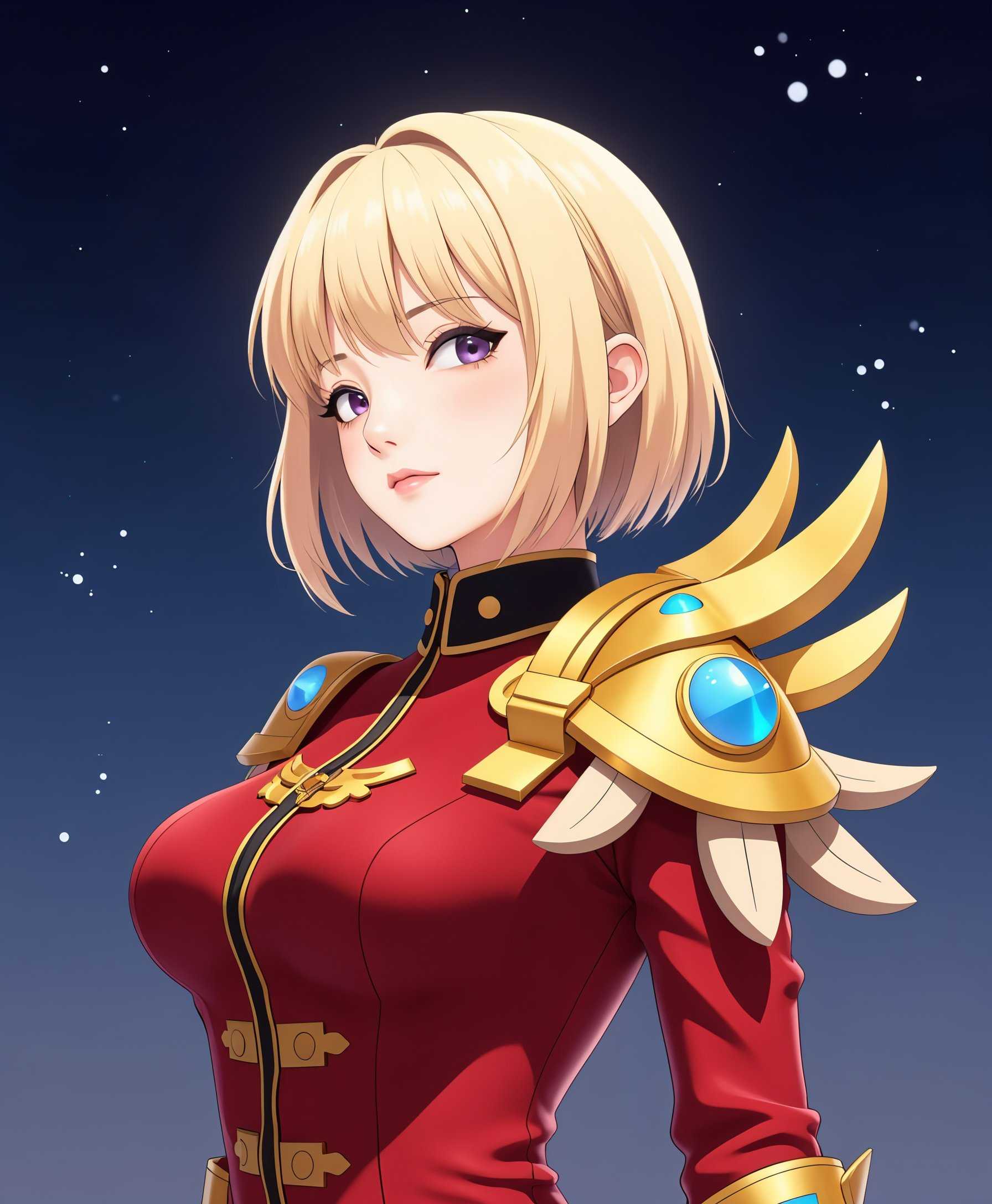 masterpiece, best quality, highres, sharp image, more detail <lora:more_details:0.5> <lora:SDXLrender_v2.0:1>, a photo of Cha, This image is a digital illustration, likely created for a video game or an anime series. The art style is animeinspired with a high level of detail and vibrant colors. The medium appears to be a computergenerated 2D image, given the smooth lines and lack of texture that would be present in a traditional handdrawn medium.The subject of the image is a female character dressed in a red and gold militarystyle uniform. The uniform has a high collar with a black trim, and the front is adorned with a row of gold buttons. The sleeves are long with a similar red and gold color scheme, and the cuffs are detailed with a gold trim and a black inner lining. The characters right shoulder is covered by a large, ornate golden pauldron with a blue gem in the center, resembling a star. The pauldron has a winglike extension that curves upwards, giving the character a regal and powerful appearance.The characters blonde hair is styled in a short, bob cut and is neatly trimmed around the ears. The hair color is a light blonde with subtle highlights, and the strands are rendered with individual strands and soft shading, giving it a realistic texture.The background of the image is a gradient of blues, transitioning from a deep navy at the top to a lighter blue at the bottom, with a few stars sprinkled across, suggesting a night sky or a space setting.The overall impression of the image is one of fantasy and adventure, with the character exuding a sense of readiness and nobility. The use of color and lighting in the image adds to the dramatic and heroic atmosphere.