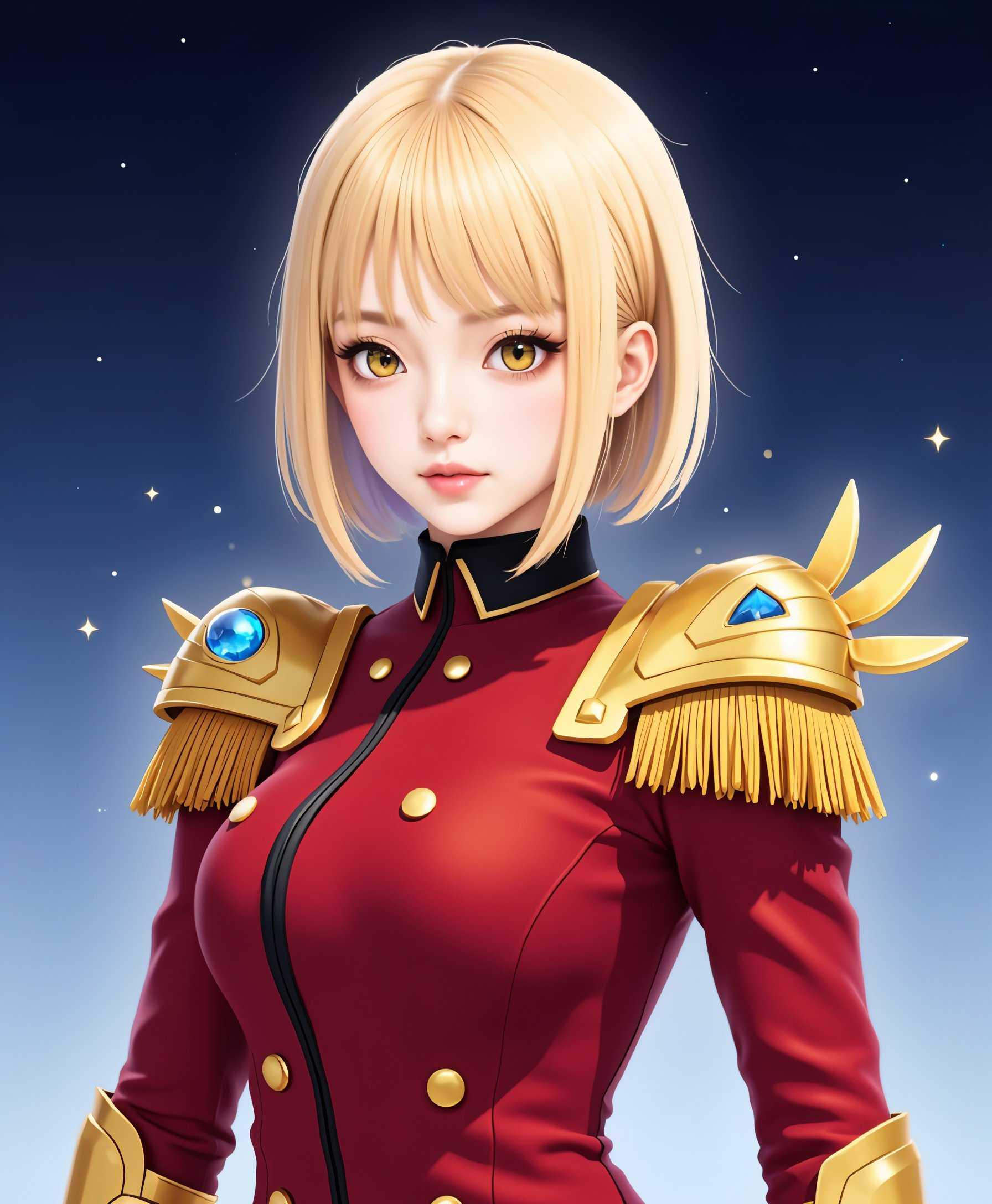 masterpiece, best quality, highres, sharp image, more detail <lora:more_details:0.5> <lora:SDXLrender_v2.0:1>, a photo of Cha, This image is a digital illustration, likely created for a video game or an anime series. The art style is animeinspired with a high level of detail and vibrant colors. The medium appears to be a computergenerated 2D image, given the smooth lines and lack of texture that would be present in a traditional handdrawn medium.The subject of the image is a female character dressed in a red and gold militarystyle uniform. The uniform has a high collar with a black trim, and the front is adorned with a row of gold buttons. The sleeves are long with a similar red and gold color scheme, and the cuffs are detailed with a gold trim and a black inner lining. The characters right shoulder is covered by a large, ornate golden pauldron with a blue gem in the center, resembling a star. The pauldron has a winglike extension that curves upwards, giving the character a regal and powerful appearance.The characters blonde hair is styled in a short, bob cut and is neatly trimmed around the ears. The hair color is a light blonde with subtle highlights, and the strands are rendered with individual strands and soft shading, giving it a realistic texture.The background of the image is a gradient of blues, transitioning from a deep navy at the top to a lighter blue at the bottom, with a few stars sprinkled across, suggesting a night sky or a space setting.The overall impression of the image is one of fantasy and adventure, with the character exuding a sense of readiness and nobility. The use of color and lighting in the image adds to the dramatic and heroic atmosphere.