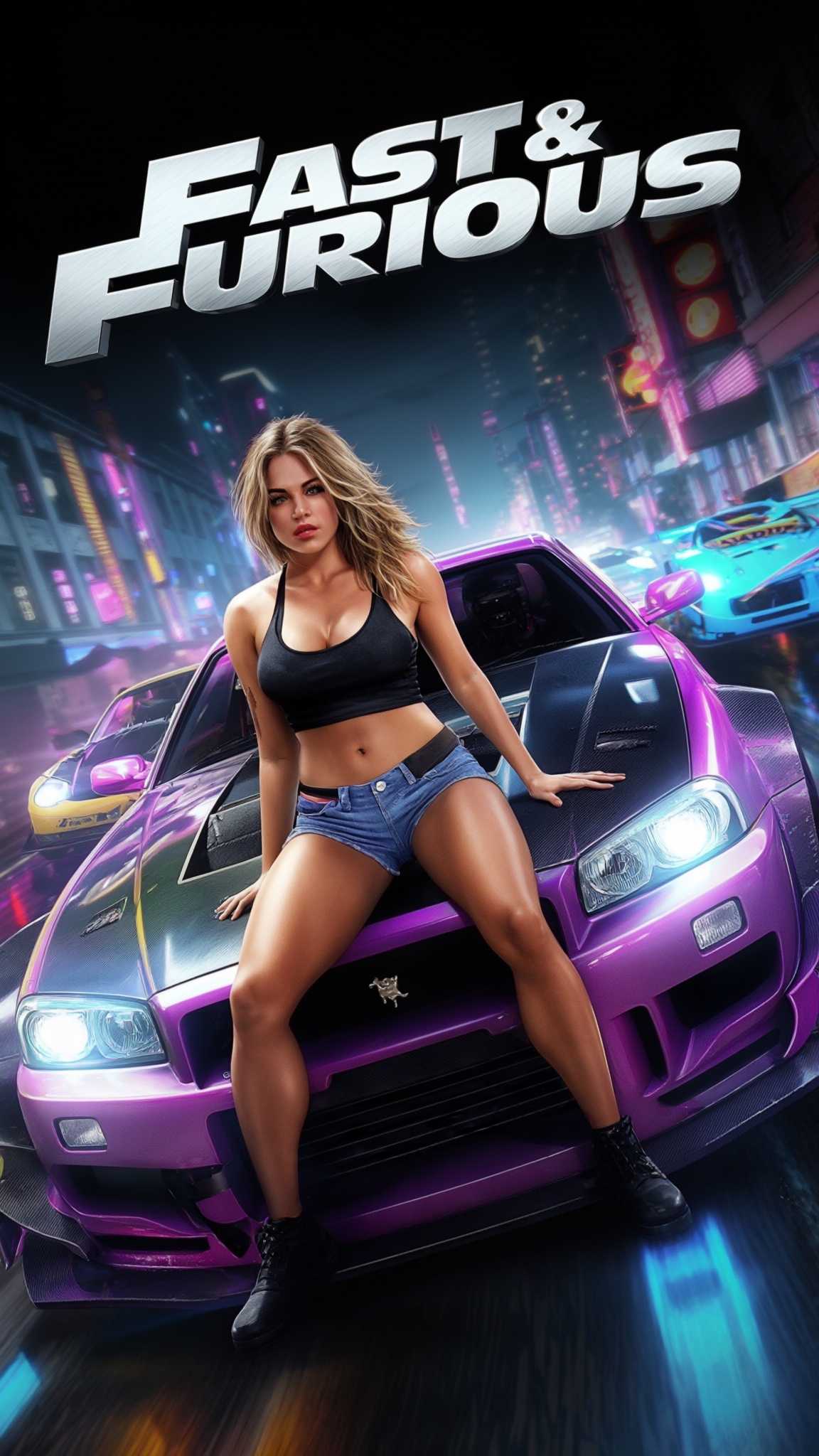 cinematic movie cover of car racing in style of Fast&Furious, beautiful racing girl in tight shorts and belly free tank top sitting on the hood of a racing car, cover with title logo "Fast&Furious"