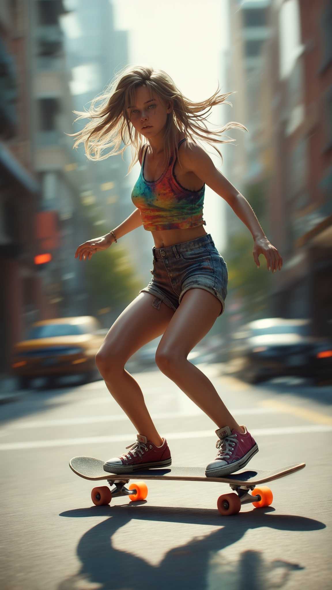 photorealistic skater girl in tight shorts and belly free tank top driving skateboard