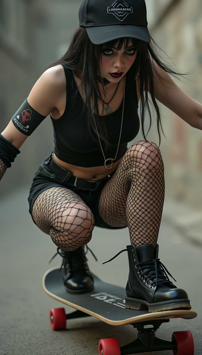 photorealistic gothic skater girl in tight black shorts and black belly free tank top driving skateboard, gothic style, fishnet pantyhose, gothic makeup
