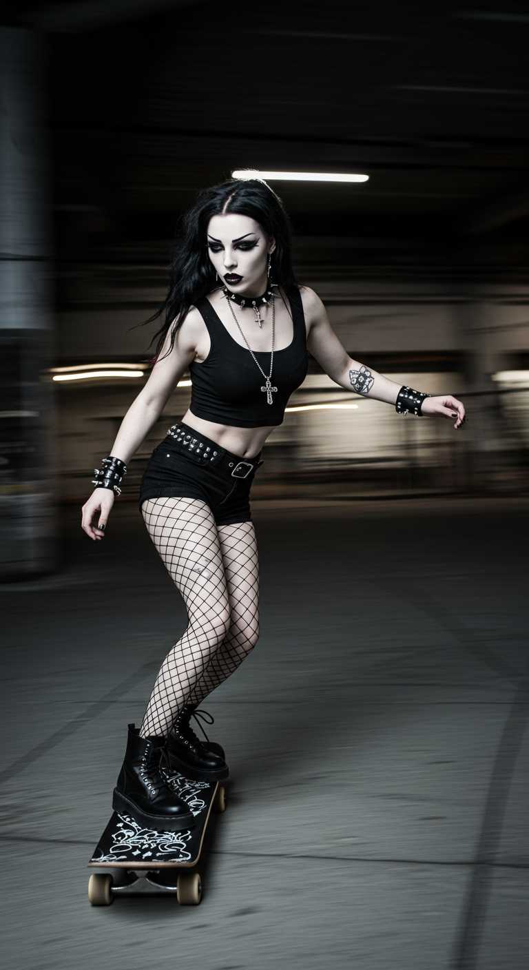 photorealistic gothic skater girl in tight black shorts and black belly free tank top driving skateboard, gothic style, fishnet pantyhose, gothic makeup
