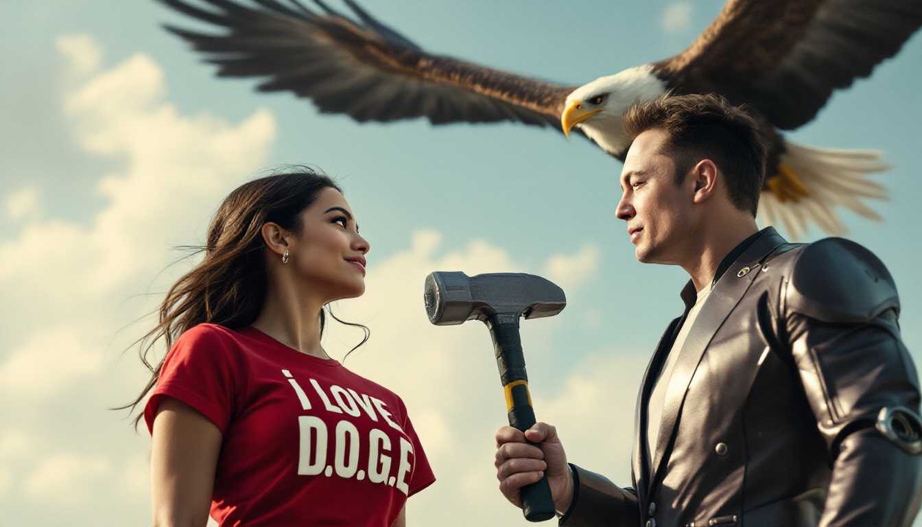 
Generate an image portraying a dynamic scene where Alexandria Ocasio-Cortez, styled with her distinctive dark hair and expressive eyes, wears a vibrant red t-shirt with bold, white text stating "I Love D.O.G.E". She gazes lovingly towards Elon Musk, who stands prominently in the foreground. Elon, dressed in a sleek, futuristic suit, wields a hefty sledgehammer, his posture strong and determined, his gaze fixed on an unseen goal. Above them, a majestic bald eagle soars, its wings outstretched, symbolizing freedom and power.

- **Visual Details**: Alexandria's shirt should have a playful, yet clear font for the "D.O.G.E" text, with slight wear for authenticity. Elon's suit should have metallic accents, reflecting light to suggest innovation. The sledgehammer should be large, with visible wear marks, symbolizing both utility and the breaking of barriers. The eagle's feathers should be detailed, capturing the essence of flight and freedom.

- **Style**: Employ a hyper-realistic style with a touch of surrealism, reminiscent of a high-definition movie still, blending realism with an almost dreamlike quality. Use techniques like chiaroscuro for depth in the characters' expressions.

- **Composition**: Position Alexandria slightly to the right, looking towards Elon on the left, creating a diagonal line of sight that leads the viewer's eye through the scene. The eagle should be positioned above, central, to balance the composition. Utilize a low camera angle to enhance the heroic stature of both figures.

- **Mood and Atmosphere**: Capture a moment of transition, with soft, golden hour lighting suggesting a hopeful, transformative time. The atmosphere should feel charged with potential, with a hint of humor and irony in the juxtaposition of elements.

- **Technical Aspects**: Use depth of field to blur the background slightly, focusing attention on the key figures. Employ sharp focus on the eagle to highlight its symbolic importance. The scene should have a high dynamic range to showcase the contrast between light and shadow.

- **Cohesion**: Ensure the elements together convey a narrative of progress, unity, and the breaking of old systems to build something new, with each component contributing to a scene that is both surprising and cohesive.
```