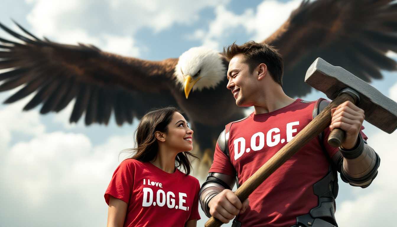 
Generate an image portraying a dynamic scene where Alexandria Ocasio-Cortez, styled with her distinctive dark hair and expressive eyes, wears a vibrant red t-shirt with bold, white text stating "I Love D.O.G.E". She gazes lovingly towards Elon Musk, who stands prominently in the foreground. Elon, dressed in a sleek, futuristic suit, wields a hefty sledgehammer, his posture strong and determined, his gaze fixed on an unseen goal. Above them, a majestic bald eagle soars, its wings outstretched, symbolizing freedom and power.

- **Visual Details**: Alexandria's shirt should have a playful, yet clear font for the "D.O.G.E" text, with slight wear for authenticity. Elon's suit should have metallic accents, reflecting light to suggest innovation. The sledgehammer should be large, with visible wear marks, symbolizing both utility and the breaking of barriers. The eagle's feathers should be detailed, capturing the essence of flight and freedom.

- **Style**: Employ a hyper-realistic style with a touch of surrealism, reminiscent of a high-definition movie still, blending realism with an almost dreamlike quality. Use techniques like chiaroscuro for depth in the characters' expressions.

- **Composition**: Position Alexandria slightly to the right, looking towards Elon on the left, creating a diagonal line of sight that leads the viewer's eye through the scene. The eagle should be positioned above, central, to balance the composition. Utilize a low camera angle to enhance the heroic stature of both figures.

- **Mood and Atmosphere**: Capture a moment of transition, with soft, golden hour lighting suggesting a hopeful, transformative time. The atmosphere should feel charged with potential, with a hint of humor and irony in the juxtaposition of elements.

- **Technical Aspects**: Use depth of field to blur the background slightly, focusing attention on the key figures. Employ sharp focus on the eagle to highlight its symbolic importance. The scene should have a high dynamic range to showcase the contrast between light and shadow.

- **Cohesion**: Ensure the elements together convey a narrative of progress, unity, and the breaking of old systems to build something new, with each component contributing to a scene that is both surprising and cohesive.
```