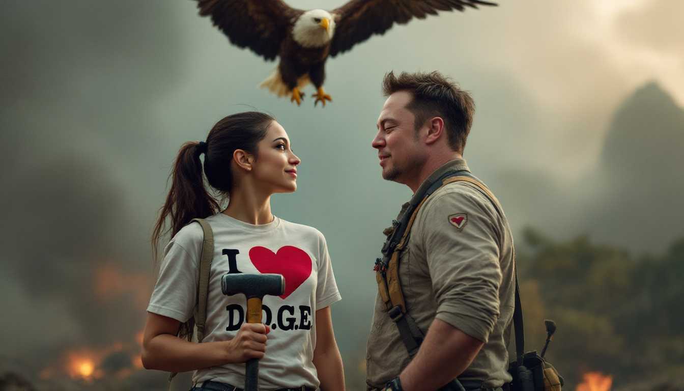 a photo of Alexandria Ocasio-Cortez wearing a shirt that reads I Love D.O.G.E looks lovingly at Elon Musk while he carrys a sledgehammer with an eagle flying overhead