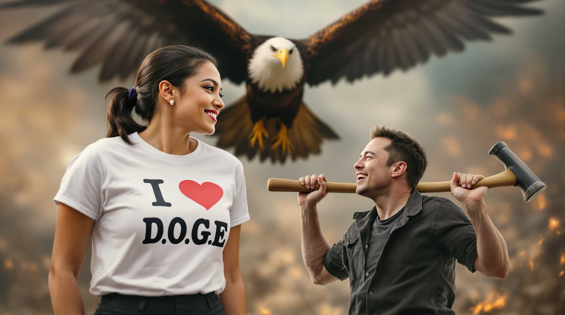 a photo of Alexandria Ocasio-Cortez wearing a shirt that reads I Love D.O.G.E looks lovingly at Elon Musk while he carrys a sledgehammer with an eagle flying overhead