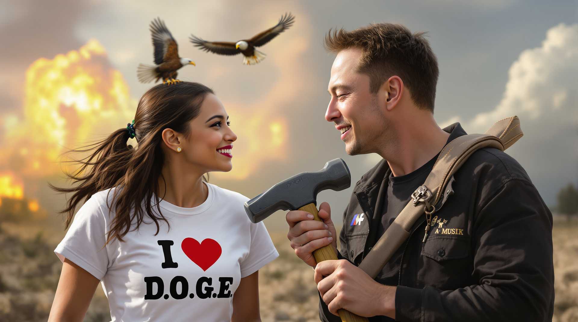 a photo of Alexandria Ocasio-Cortez wearing a shirt that reads I Love D.O.G.E looks lovingly at Elon Musk while he carrys a sledgehammer with an eagle flying overhead