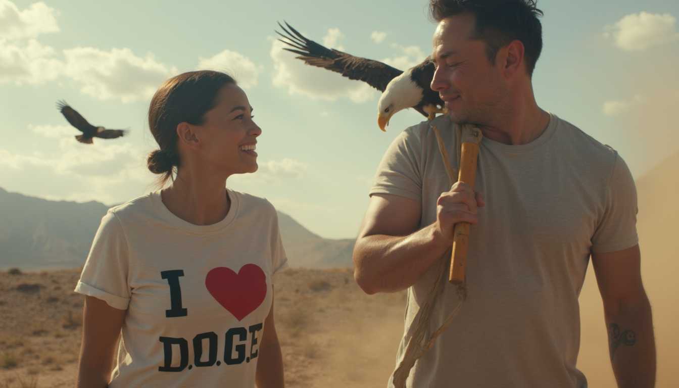a photo of Alexandria Ocasio-Cortez wearing a shirt that reads I Love D.O.G.E looks lovingly at Elon Musk while he carrys a sledgehammer with an eagle flying overhead