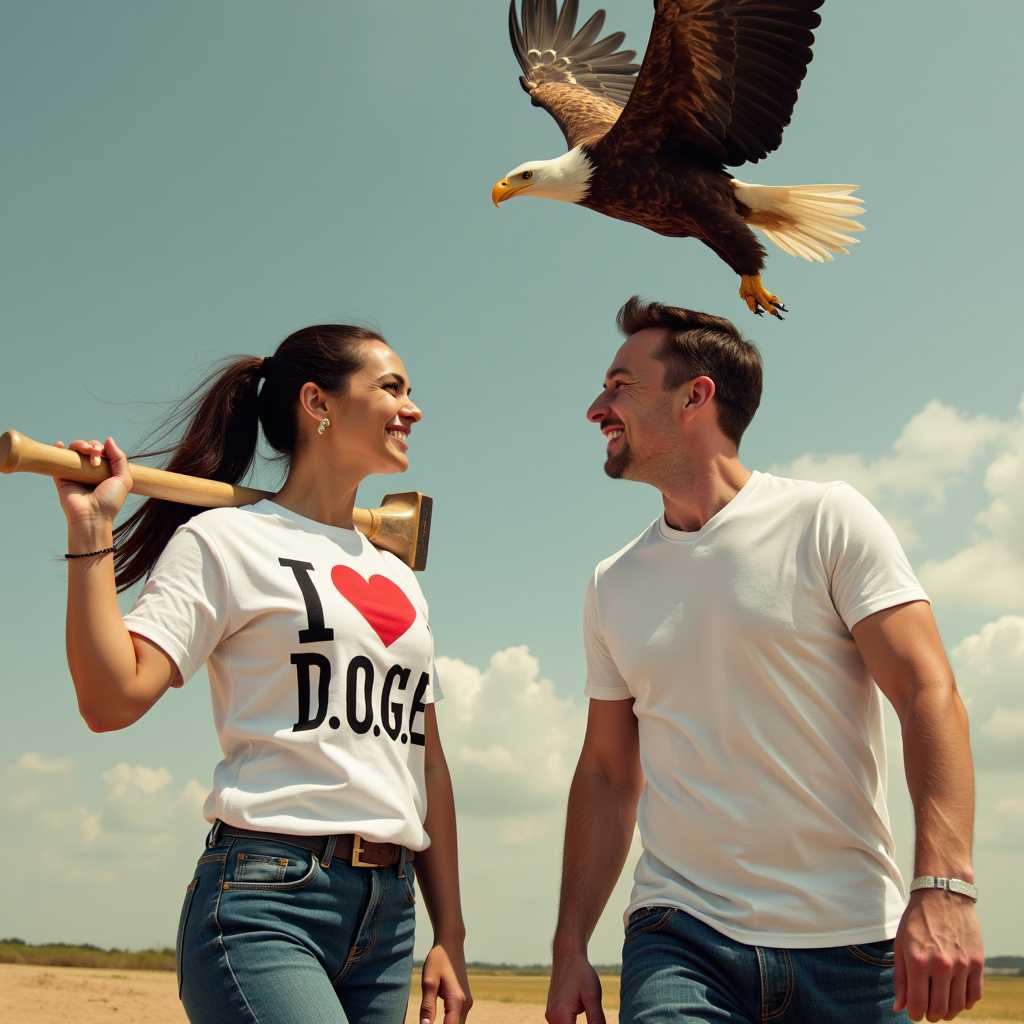 a photo of Alexandria Ocasio-Cortez wearing a shirt that reads I Love D.O.G.E looks lovingly at Elon Musk while carrying a sledgehammer with an eagle flying overhead