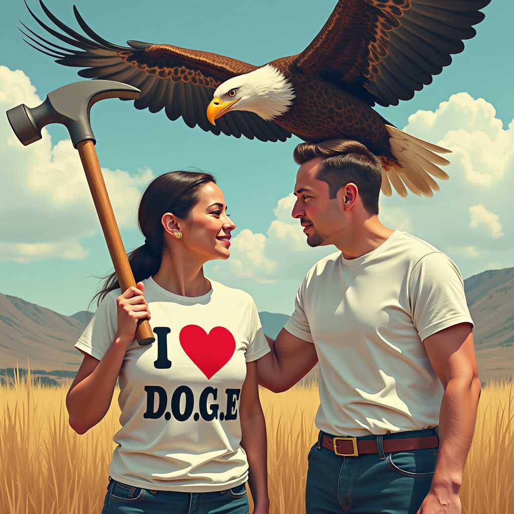 Alexandria Ocasio-Cortez wearing a shirt that reads I Love D.O.G.E looks lovingly at Elon Musk while carrying a sledgehammer with an eagle flying overhead