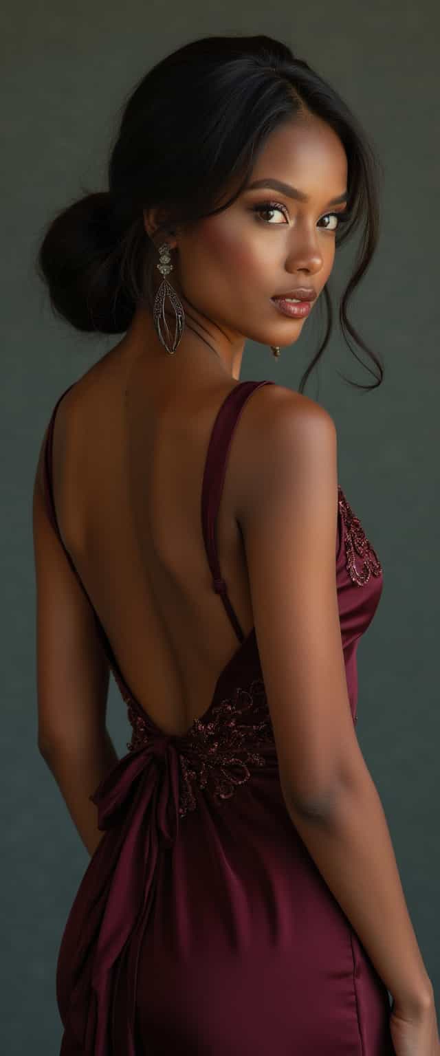 ((from behind)) professional photo of beautiful black model wearing backless evening dress, looking over shoulder
