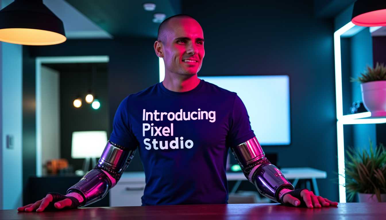 a photo of TOK, Create a high-resolution, professional-grade photograph featuring TOK, a futuristic character that is half man, half robot. TOK is adorned in a sleek, form-fitting shirt that reads "INTRODUCING PIXEL STUDIO" in bold, neon-lit text. 

**Visual Details:**
- TOK's human side should exhibit hyper-realistic skin texture with subtle imperfections, while the robotic side features polished metal surfaces with visible, intricate circuitry and mechanical joints. 
- The shirt should be a vibrant color, contrasting sharply with the environment, with the text glowing softly as if illuminated by internal LED lights.
- Lighting should be dramatic, with key lights highlighting TOK’s features and rim lighting to accentuate the blend of organic and synthetic elements.

**Style:**
- Adopt a cyberpunk aesthetic, reminiscent of high-tech dystopian films, with a focus on sharp, clean lines and futuristic design elements.
- Use a shallow depth of field to blur out the background, focusing on TOK.

**Composition:**
- TOK is positioned centrally, looking slightly off-camera, giving a sense of anticipation or invitation into the world of Pixel Studio.
- The camera angle should be slightly low to emphasize TOK’s imposing presence.
- The background features abstract, neon-lit shapes and sleek, minimalistic furniture or tech equipment.

**Mood and Atmosphere:**
- The scene should evoke a sense of innovation, excitement, and a touch of mystery. 
- Set the time in the evening or night, with the environment lit by a mix of cool and warm tones from various light sources, creating a moody, vibrant atmosphere.

**Technical Aspects:**
- Use a high dynamic range (HDR) to capture the wide range of light and shadow, enhancing the contrast between TOK’s human and robotic parts.
- Implement a soft focus for elements in the background to keep the viewer's focus on TOK.
- Employ a wide aperture to achieve the shallow depth of field, ensuring TOK stands out against a blurred, futuristic backdrop.

**Cohesion:**
- Ensure all elements, from TOK's appearance to the environment, contribute to a narrative of cutting-edge technology merging with human creativity, symbolized by Pixel Studio.