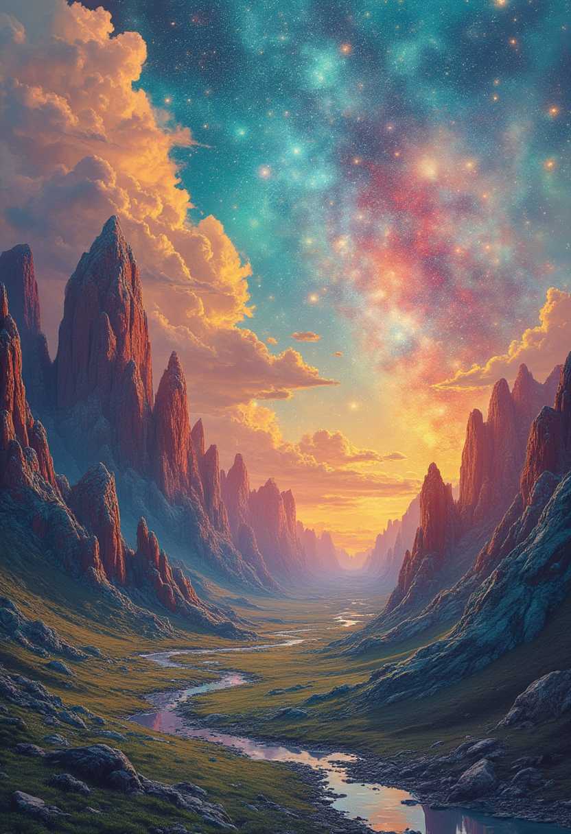 <lora:add-detail-xl:0.5>, fine lineart, cinematic photo magical style land art style hyperrealistic, (vaporwave:1.3), vivid colors, intricate details, realistic style, oil paintings, acrylic paintings, watercolor paintings, digital illustrations, mixed media pieces, sculptures casting shadows, (cosmic sky:1.2), scifi landscape, photorealistic, extreme detail, lifelike, crisp, precise. natural materials, outdoor, detailed blend of organic and magical elements, futuristic, legendary, detailed, intricate, film, bokeh, professional, 4k, highly detailed, in the style of art, colorful, phone wallpaper, water color, (sliver metallic mountains:1.4)