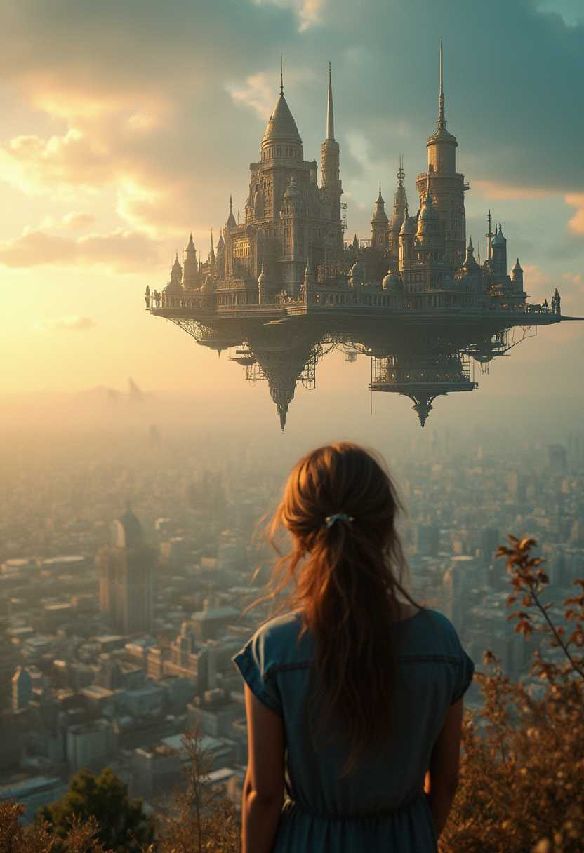score_9, score_8_up, score_7_up, 
RAW large format photography, 
(back view of a young woman watching a fantastic flying city in the far distance, bottom third of frame), 
(flying city, city in the sky, floating island city, (steampunk city:1.1), extremely detailed and intricate:1.3), 
(distant shot, from above, focus on city), 
golden hour lighting, sunset