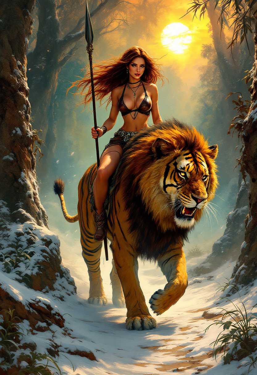 a beautiful, voluptuous fr4z3tt4 woman with a spear, wearing a leather halter-top rides a single solo sabretooth striped bengal lion through a jungle, masterpiece by Frank Frazetta, best quality, detailed oil painting, striped lion, winter, sunset lighting, jungle path, solo lion, woman
