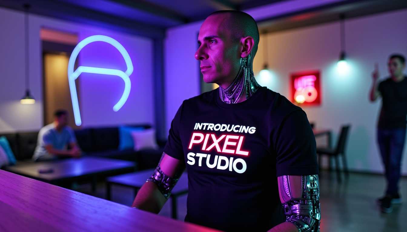 a photo of TOK, Create a high-resolution, professional-grade photograph featuring TOK, a futuristic character that is half man, half robot. TOK is adorned in a sleek, form-fitting shirt that reads "INTRODUCING PIXEL STUDIO" in bold, neon-lit text. 

**Visual Details:**
- TOK's human side should exhibit hyper-realistic skin texture with subtle imperfections, while the robotic side features polished metal surfaces with visible, intricate circuitry and mechanical joints. 
- The shirt should be a vibrant color, contrasting sharply with the environment, with the text glowing softly as if illuminated by internal LED lights.
- Lighting should be dramatic, with key lights highlighting TOK’s features and rim lighting to accentuate the blend of organic and synthetic elements.

**Style:**
- Adopt a cyberpunk aesthetic, reminiscent of high-tech dystopian films, with a focus on sharp, clean lines and futuristic design elements.
- Use a shallow depth of field to blur out the background, focusing on TOK.

**Composition:**
- TOK is positioned centrally, looking slightly off-camera, giving a sense of anticipation or invitation into the world of Pixel Studio.
- The camera angle should be slightly low to emphasize TOK’s imposing presence.
- The background features abstract, neon-lit shapes and sleek, minimalistic furniture or tech equipment.

**Mood and Atmosphere:**
- The scene should evoke a sense of innovation, excitement, and a touch of mystery. 
- Set the time in the evening or night, with the environment lit by a mix of cool and warm tones from various light sources, creating a moody, vibrant atmosphere.

**Technical Aspects:**
- Use a high dynamic range (HDR) to capture the wide range of light and shadow, enhancing the contrast between TOK’s human and robotic parts.
- Implement a soft focus for elements in the background to keep the viewer's focus on TOK.
- Employ a wide aperture to achieve the shallow depth of field, ensuring TOK stands out against a blurred, futuristic backdrop.

**Cohesion:**
- Ensure all elements, from TOK's appearance to the environment, contribute to a narrative of cutting-edge technology merging with human creativity, symbolized by Pixel Studio.