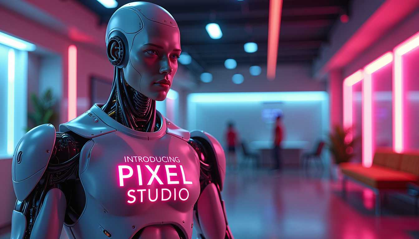 a photo of TOK, Create a high-resolution, professional-grade photograph featuring TOK, a futuristic character that is half man, half robot. TOK is adorned in a sleek, form-fitting shirt that reads "INTRODUCING PIXEL STUDIO" in bold, neon-lit text. 

**Visual Details:**
- TOK's human side should exhibit hyper-realistic skin texture with subtle imperfections, while the robotic side features polished metal surfaces with visible, intricate circuitry and mechanical joints. 
- The shirt should be a vibrant color, contrasting sharply with the environment, with the text glowing softly as if illuminated by internal LED lights.
- Lighting should be dramatic, with key lights highlighting TOK’s features and rim lighting to accentuate the blend of organic and synthetic elements.

**Style:**
- Adopt a cyberpunk aesthetic, reminiscent of high-tech dystopian films, with a focus on sharp, clean lines and futuristic design elements.
- Use a shallow depth of field to blur out the background, focusing on TOK.

**Composition:**
- TOK is positioned centrally, looking slightly off-camera, giving a sense of anticipation or invitation into the world of Pixel Studio.
- The camera angle should be slightly low to emphasize TOK’s imposing presence.
- The background features abstract, neon-lit shapes and sleek, minimalistic furniture or tech equipment.

**Mood and Atmosphere:**
- The scene should evoke a sense of innovation, excitement, and a touch of mystery. 
- Set the time in the evening or night, with the environment lit by a mix of cool and warm tones from various light sources, creating a moody, vibrant atmosphere.

**Technical Aspects:**
- Use a high dynamic range (HDR) to capture the wide range of light and shadow, enhancing the contrast between TOK’s human and robotic parts.
- Implement a soft focus for elements in the background to keep the viewer's focus on TOK.
- Employ a wide aperture to achieve the shallow depth of field, ensuring TOK stands out against a blurred, futuristic backdrop.

**Cohesion:**
- Ensure all elements, from TOK's appearance to the environment, contribute to a narrative of cutting-edge technology merging with human creativity, symbolized by Pixel Studio.