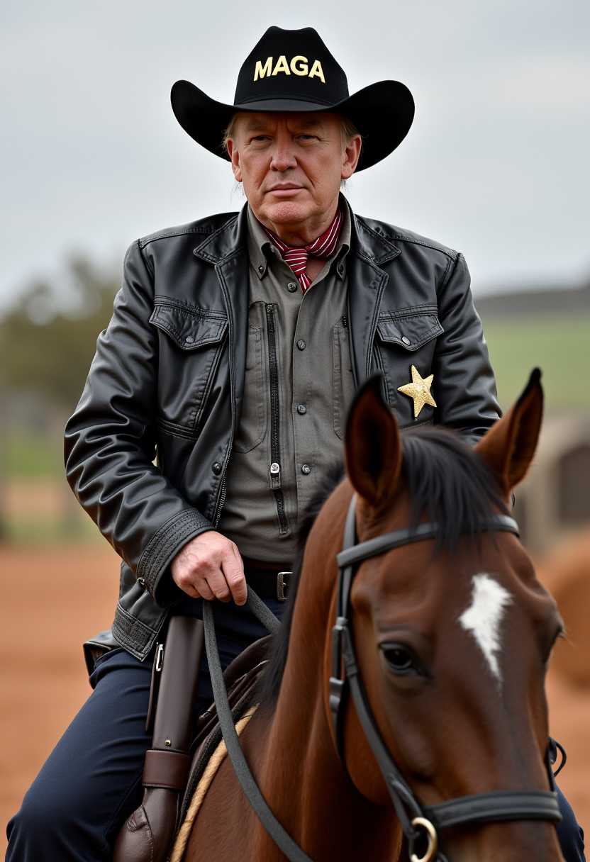 a photo of MAGA, a photo of MAGA Donald Trump riding a horse, dressed in a cowboy outfit, leather jacket, a shiny sheriffs badge, with a holster and six guns, cowboy hat with text that reads "MAGA" 