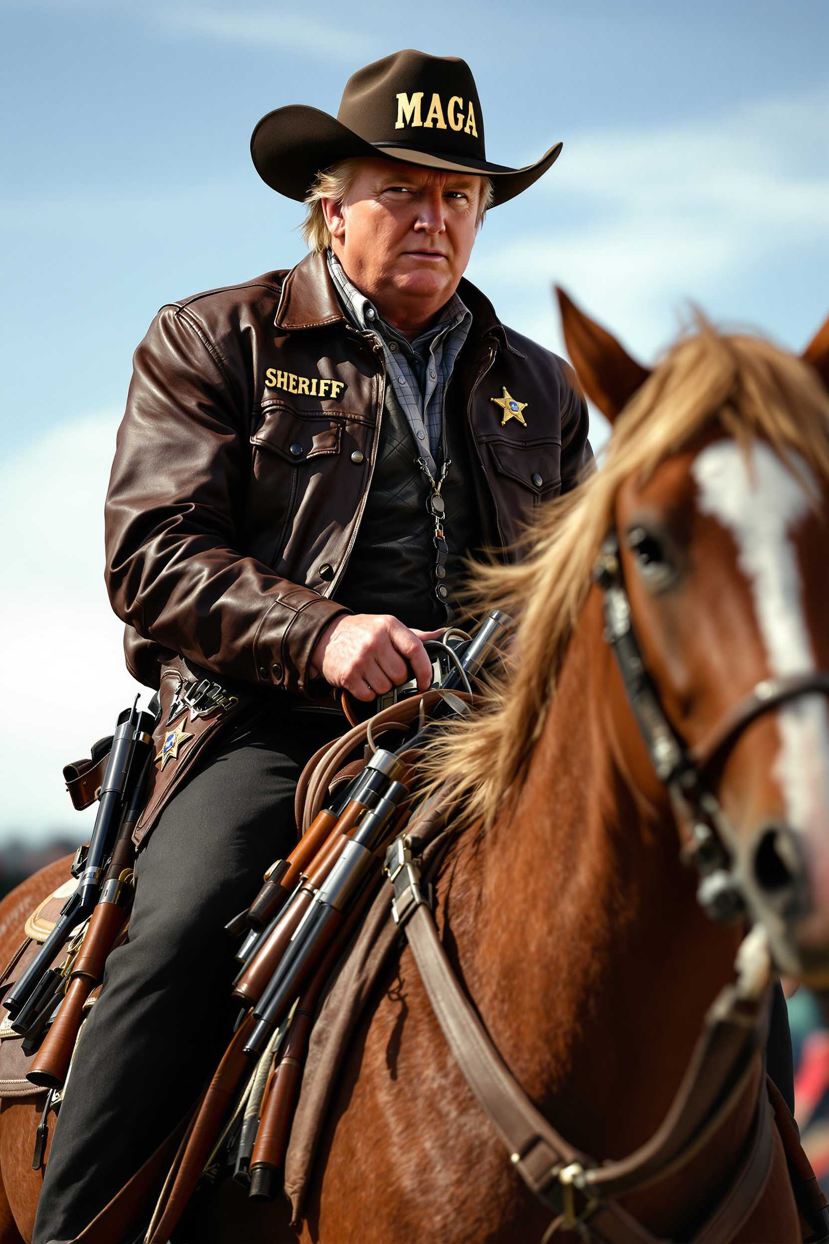 Donald Trump riding a horse, dressed in a cowboy outfit, leather jacket, a shiny sheriffs badge, with a holster and six guns, cowboy hat with text that reads "MAGA" 