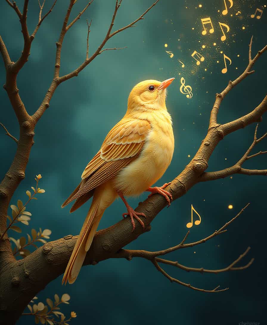 Surrealism art style. A bird called from the branches:
A glowing bird perched on an abstract, twisting branch sings notes that create visible ripples of sound in the air. The bird’s feathers shimmer like liquid gold.


