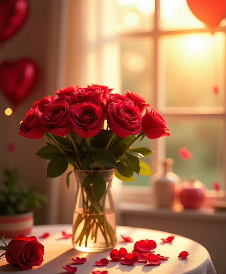 A romantic and vibrant scene celebrating Rose Day, featuring a bouquet of fresh, dew-kissed red roses arranged elegantly in a glass vase. Soft, warm sunlight filters through a window, casting a golden glow on the roses and creating a dreamy atmosphere. In the background, a cozy room with subtle hints of Valentine's Day decorations, such as heart-shaped balloons and fairy lights. The image should evoke feelings of love, warmth, and celebration, with a focus on the beauty and elegance of the roses. High detail, ultra-realistic, 4K resolution, cinematic lighting.

