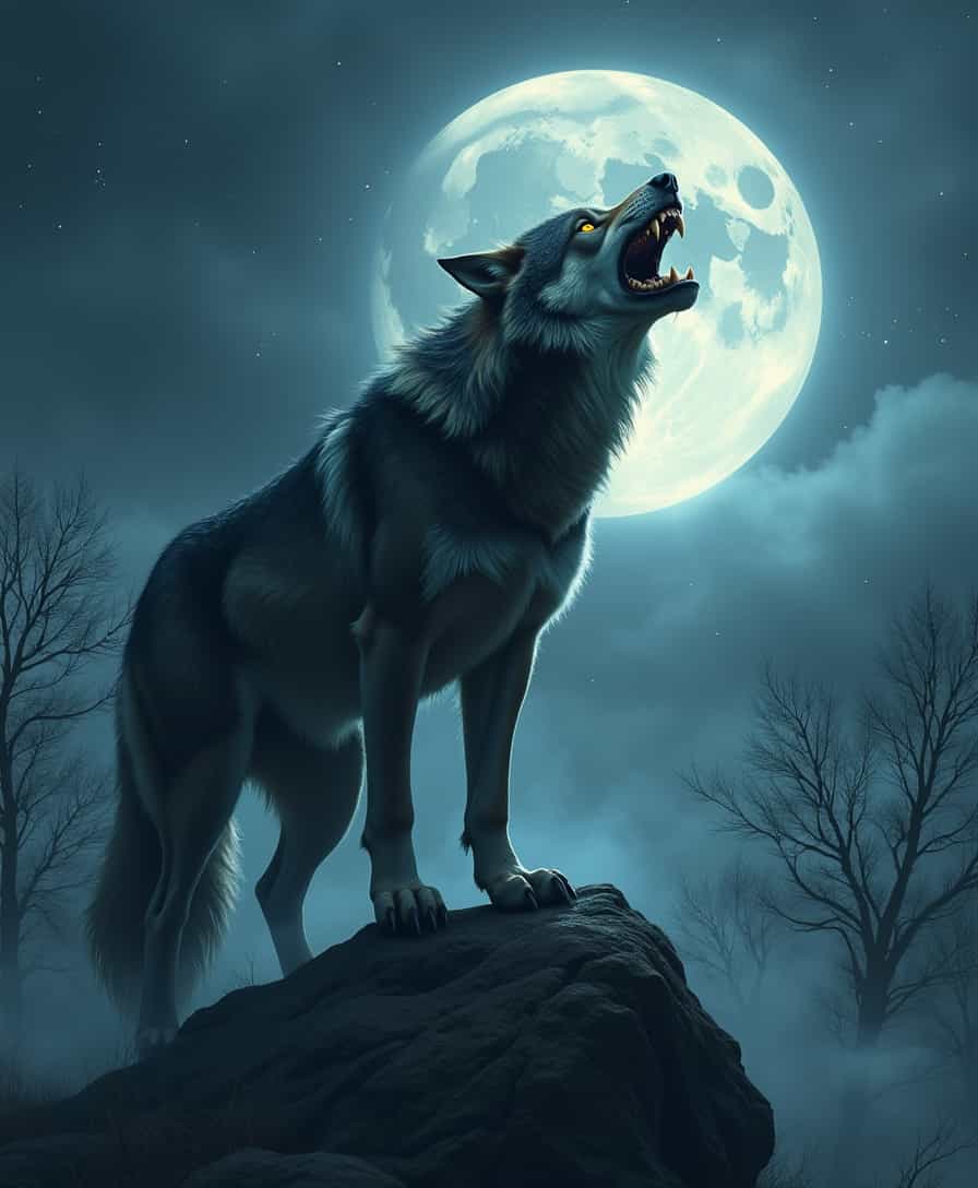A majestic werewolf stands atop a misty, moonlit mountain, its furry body silhouetted against a dark, starry night sky, as it lets out a haunting, mournful howl, its long, pointed ears perked up and its piercing yellow eyes gleaming with an otherworldly intensity, its sharp teeth bared in a snarling expression, its clawed paws grasping the rocky terrain, amidst a backdrop of ancient, gnarled trees that seem to tremble with the force of the werewolf's primal cry, the air thick with an eerie, supernatural energy.

