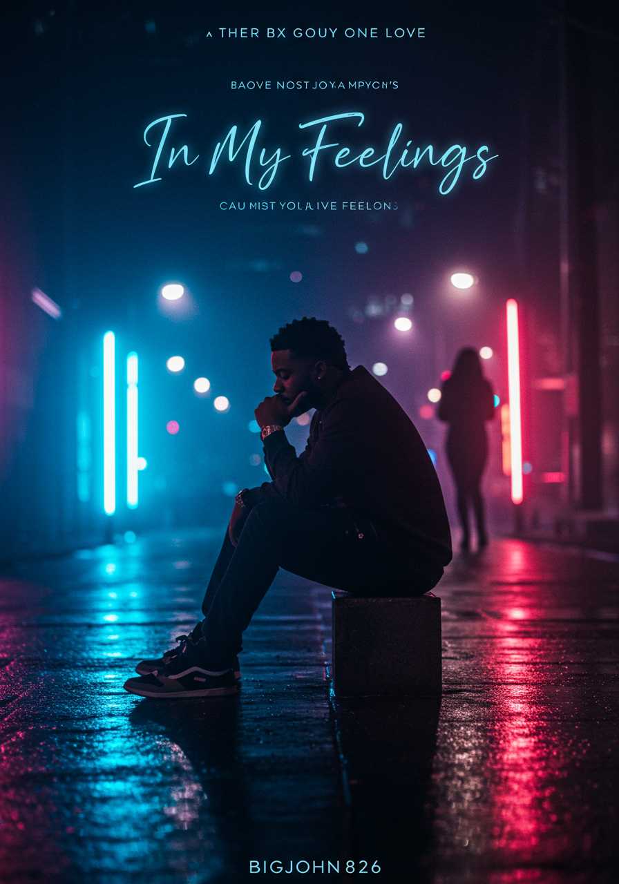Create an album cover for the song In My Feelings by BigJohn826. The cover should have a moody, romantic, and introspective vibe, blending elements of love and deep emotion. The central figure should be a stylish Black man, sitting alone in a dimly lit cityscape at night, looking thoughtful as if lost in deep emotions. The background should feature soft neon lights reflecting off wet pavement, evoking a late-night urban feel. A faint silhouette of a beautiful woman should appear in the background, symbolizing the love interest who has him caught up in his feelings. The colors should be deep blues, purples, and hints of warm gold to create a dreamy yet modern aesthetic. The title In My Feelings should be in an elegant cursive or modern font, glowing softly to match the ambiance. The artist’s name, BigJohn826, should be bold and stylish, ensuring it stands out without overpowering the emotional tone of the artwork.