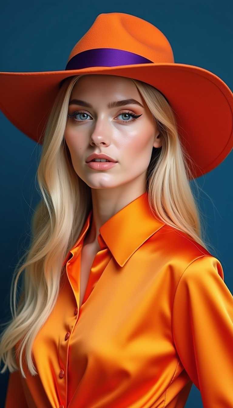 half side view, striking portrait of a pretty young Caucasian top model with grey eyes, eyeliner,long blonde hair, wearing a bold orange-violet wide-brimmed hat and a vibrant orange tartán satin blouse. The background transitions from deep blue to a lighter shade, enhancing the vividness of the outfit. The woman's expression is poised and confident, with her makeup subtly emphasizing her natural features.