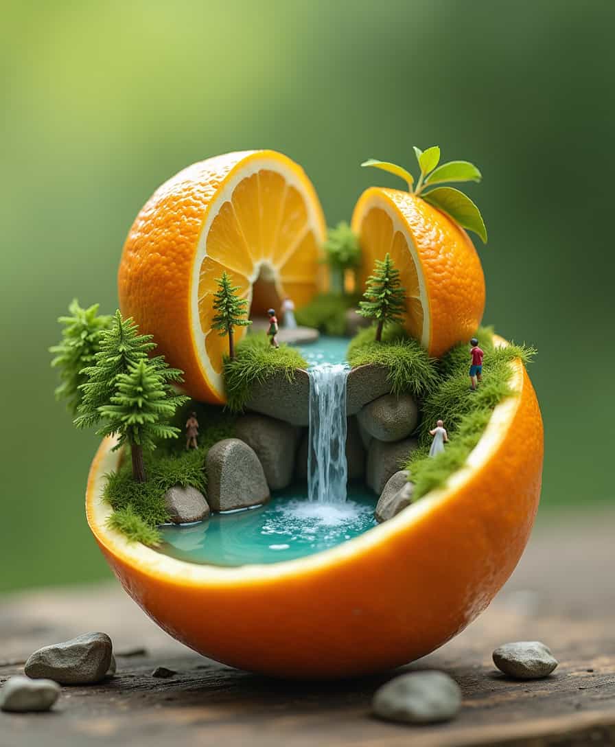Image is a surreal digital artwork featuring a halved orange, with the top half positioned above the bottom, creating a miniature landscape. Inside the bottom half, a small pond is formed, with water cascading from the top half like a waterfall. The scene includes tiny, detailed figures of people engaging in various activities around the pond, surrounded by miniature trees and rocks. The vibrant orange of the fruit contrasts with the lush green of the trees and the clear blue of the water, creating a whimsical and imaginative scene. The background is softly blurred, emphasizing the central composition of the orange and its miniature world.