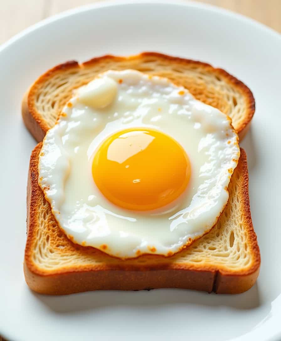 A perfectly cooked fried egg with a golden, slightly runny yolk resting on a crispy, golden-brown slice of toast. The egg white is firm yet slightly glossy, with delicate crispy edges. The toast has a slightly rough texture with visible grain patterns and a lightly buttered surface. The entire composition is placed on a clean, white background, with soft natural lighting emphasizing the details and textures. Ultra 4K resolution, hyper-realistic, food photography style.